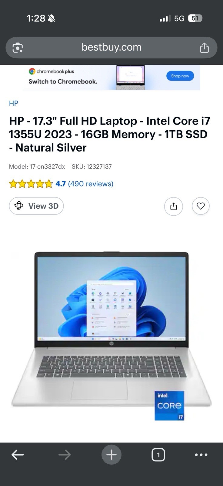 HP 17.3″ HD Laptop i7-1355U 16GB 1TB SSD Iris Xe Win11 Silver