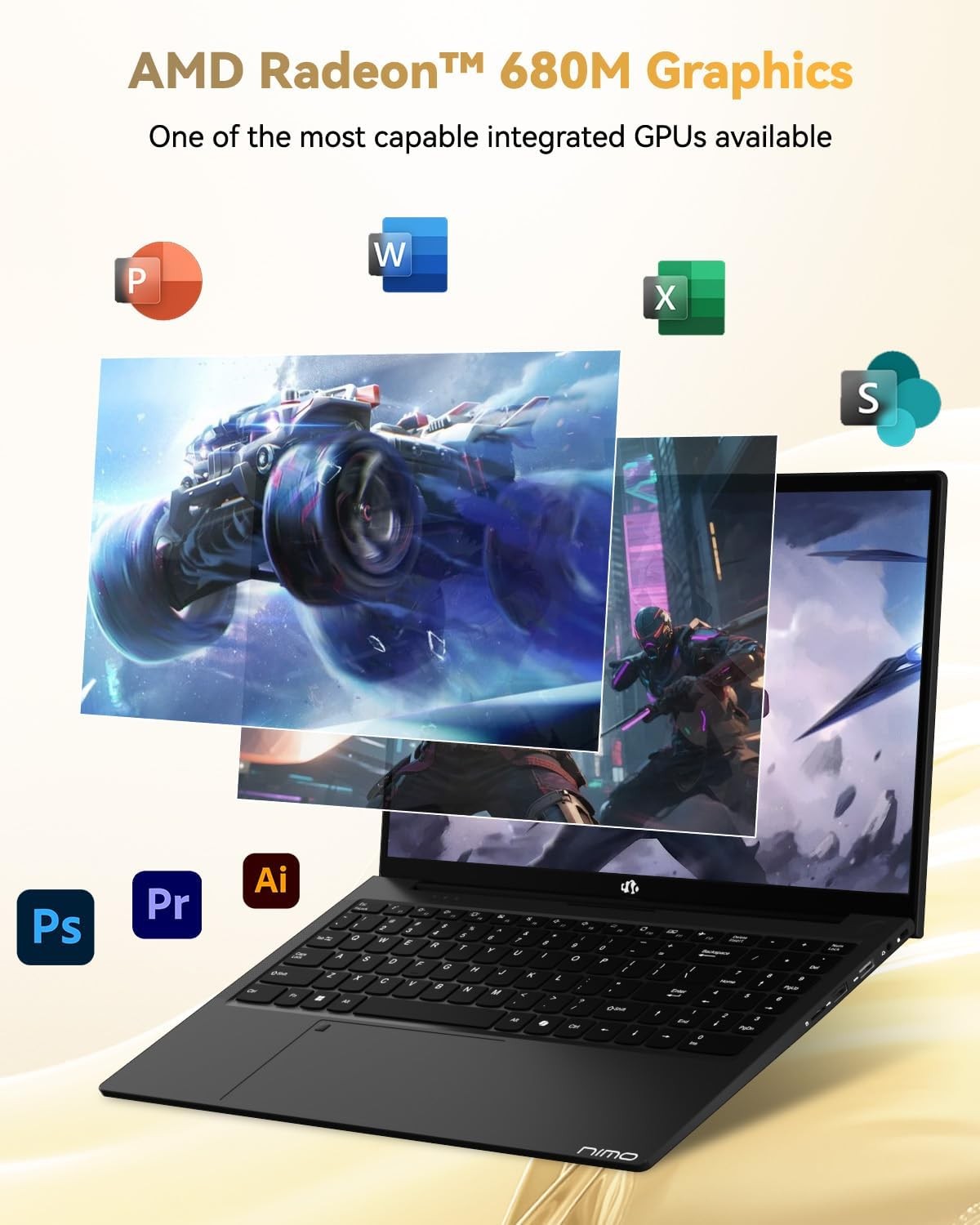 NIMO 15.6 Gaming Laptop, 8 Cores AMD Ryzen 7 Pro 6850U 32GB LPDDR5 RAM 1TB SSD