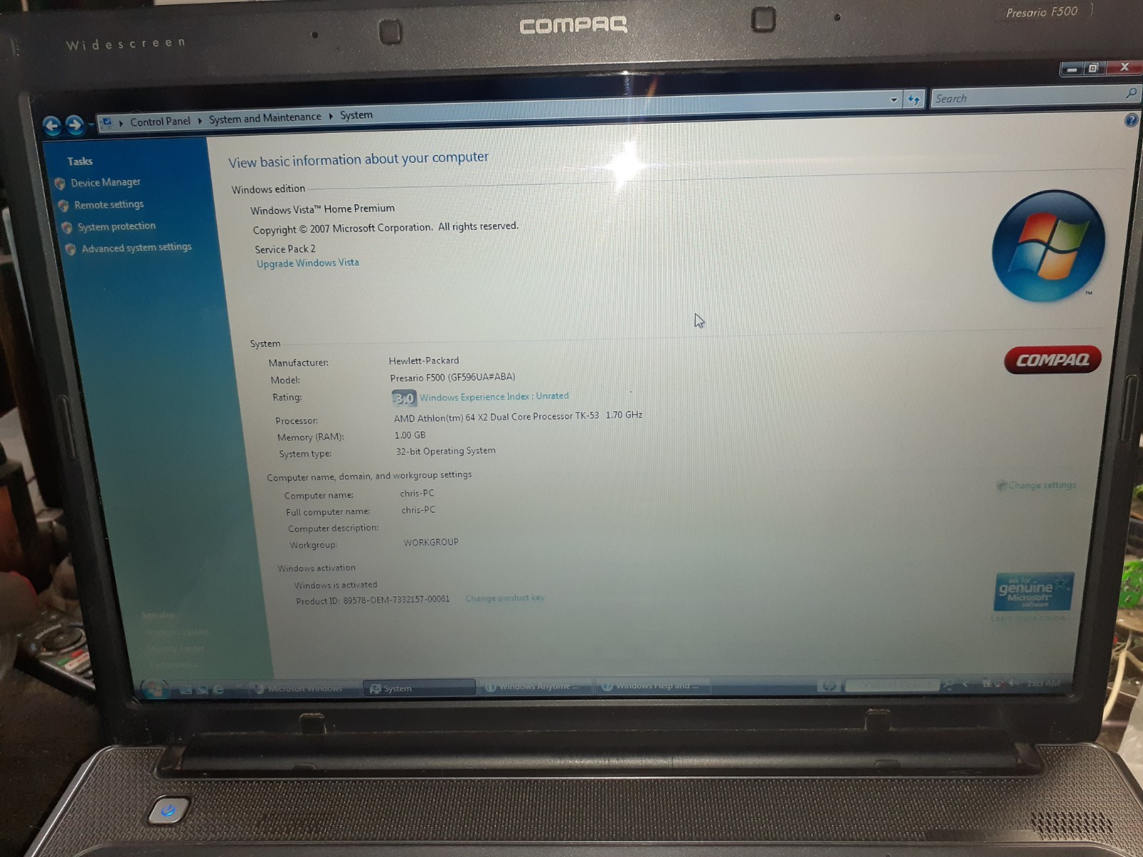 Compaq Presario F500 F572US AMD Athlon 64 X2 1GB Ram No Cord