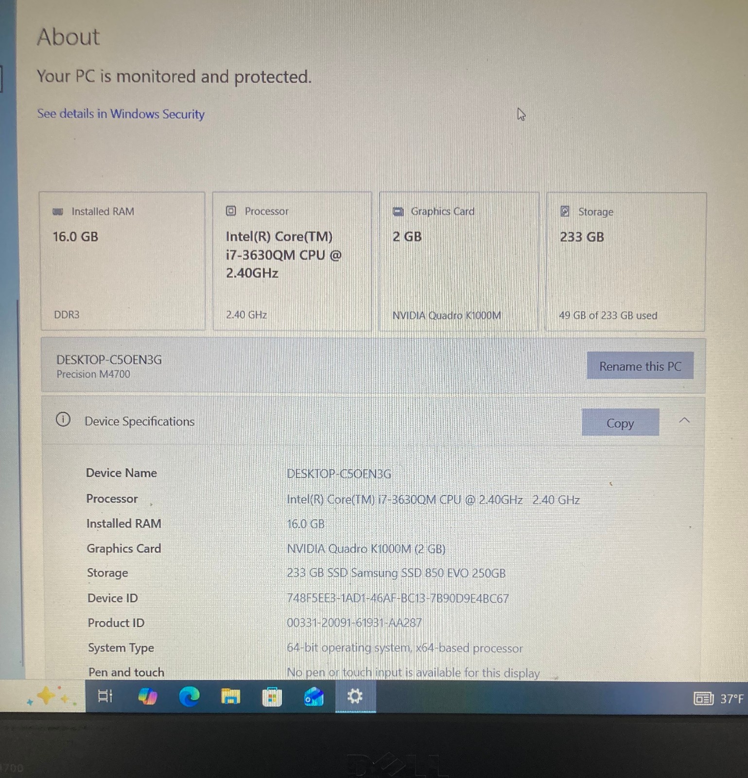 Dell Precision M4700 Intel i7 Quad 3630QM 16GB 250GB SSD Win 10 Pro