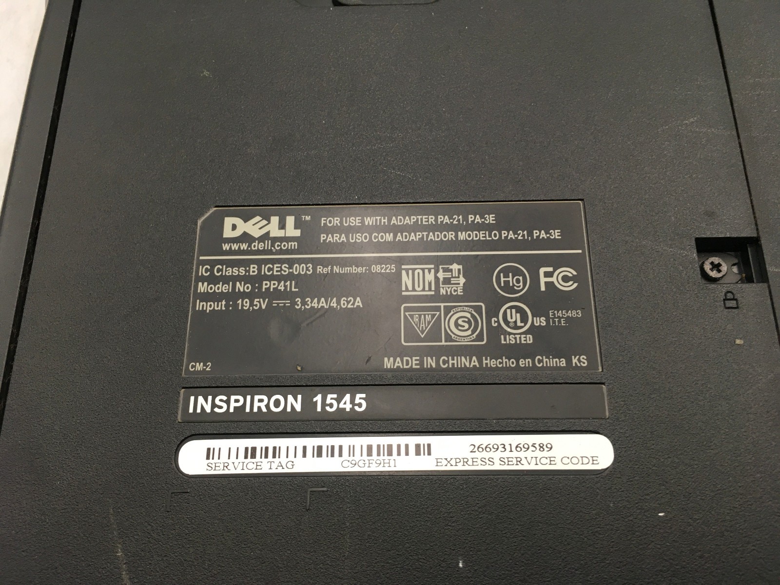 DELL INSPIRON 1545 – BOOTS TO BIOS – INTEL PENTIUM T3400 – 3GB RAM -READ DESC-BB