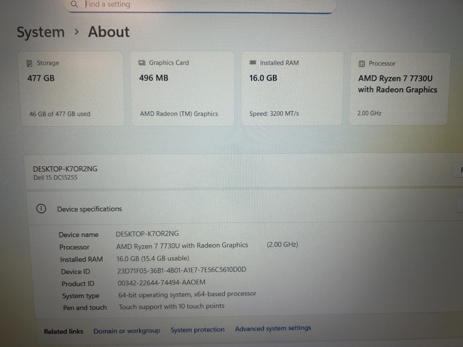 DELL 15 DC15255 G8MK9,, AMD Ryzen 7 7730U,, 2.00 GHz, 16 GB RAM, 512 GB NVMe