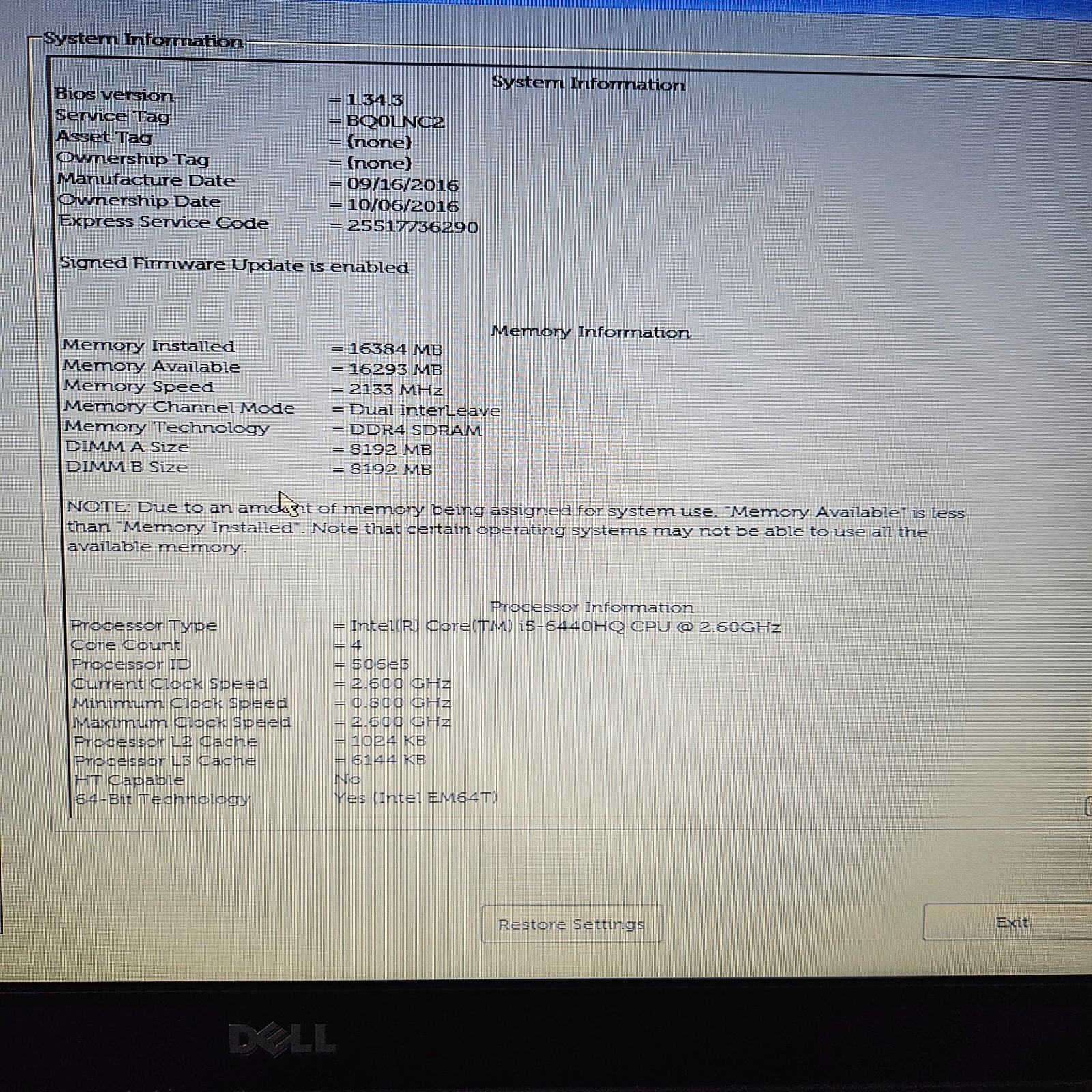 Dell Latitude E5570 15.5″ I5-6440HQ 16GB RAM NO SSD/OS W 65 W Charger