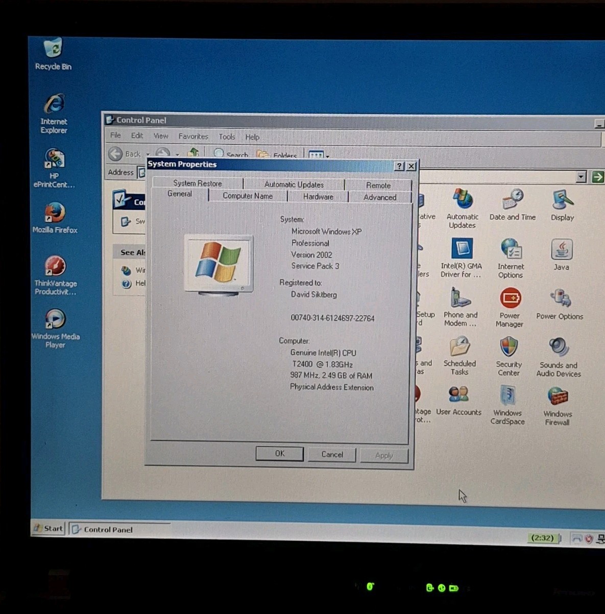 IBM ThinkPad T60 2.5GB/60GB/DVD/Intel T2400 @1.83GHz/Windows XP Laptop Bundle A2