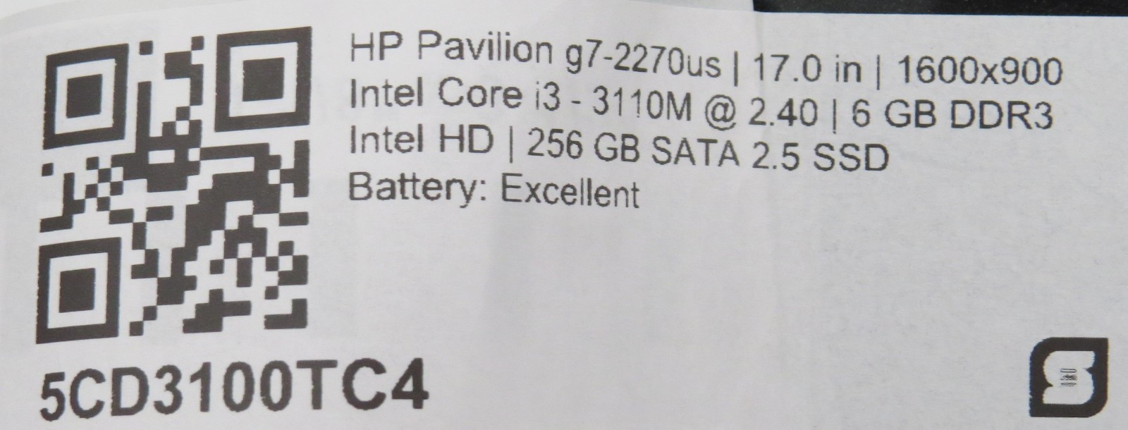 HP Pavilion g7-2270us | i3-3110M @ 2.4Ghz | 6GB DDR3 | 256GB SSD | 17″ | No OS
