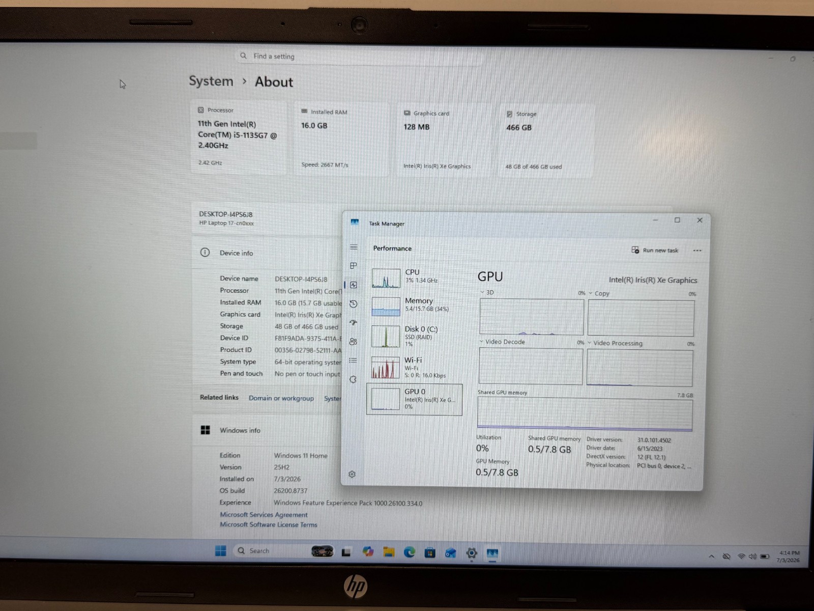 Hp Laptop 17-cn0023dx i5-1135G7 2.40Ghz 16GB M2-512SSD Windows 11 Home