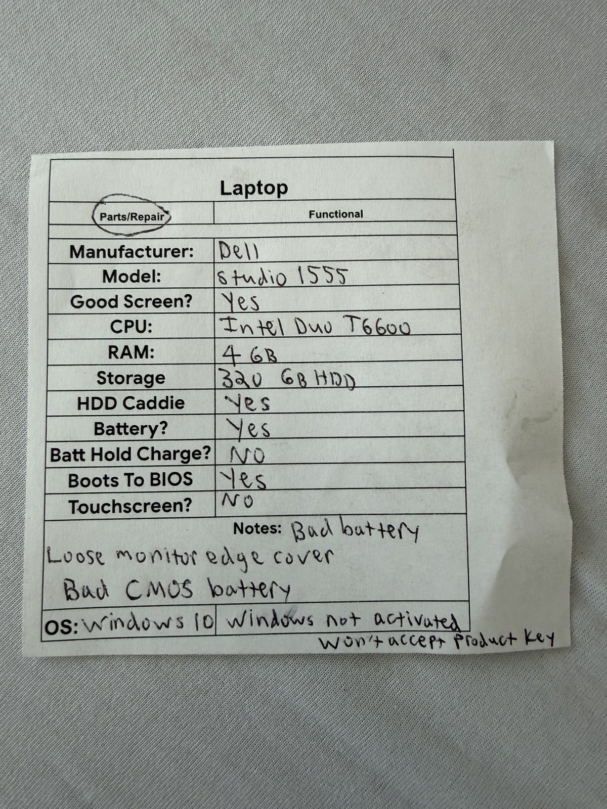Dell Studio 1555 Laptop – Good Screen – Intel Duo T6600 – RAM 4GB – Read Desc