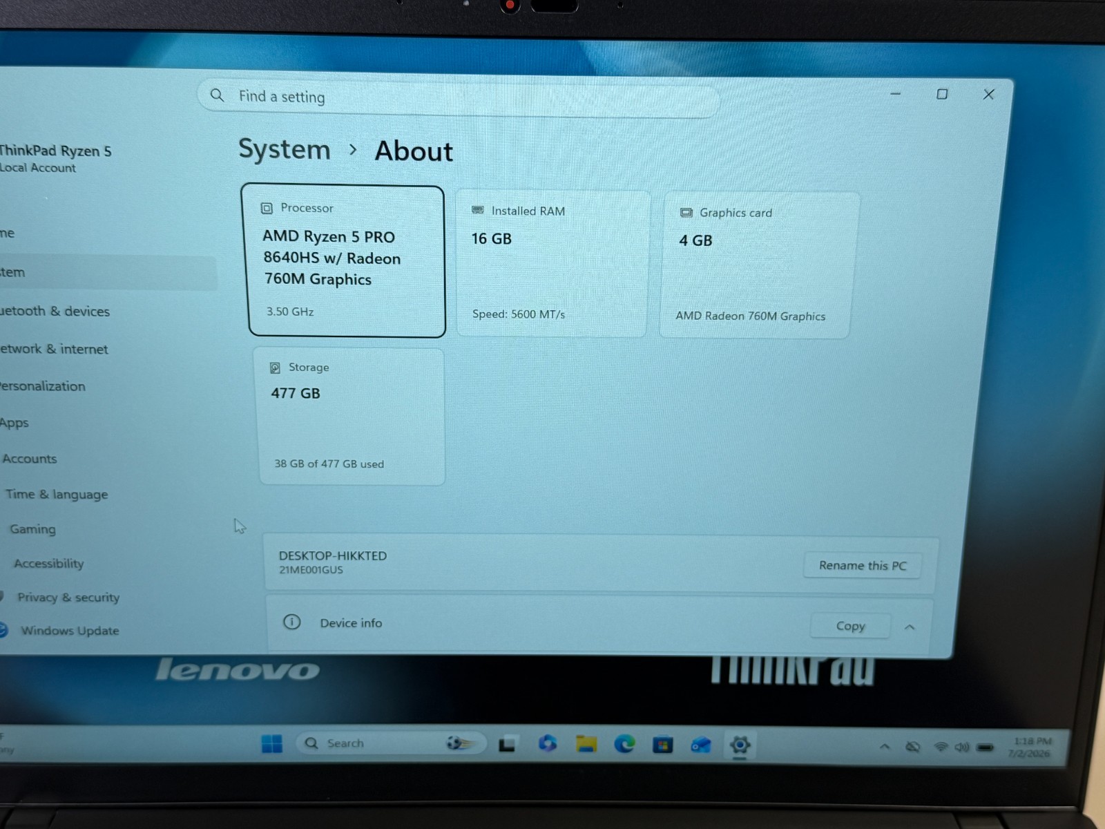 2025 LENOVO THINKPAD P14s GEN 5 AMD RYZEN 5 PRO 8640HS 16GB 512GB SSD 14″ LAPTOP
