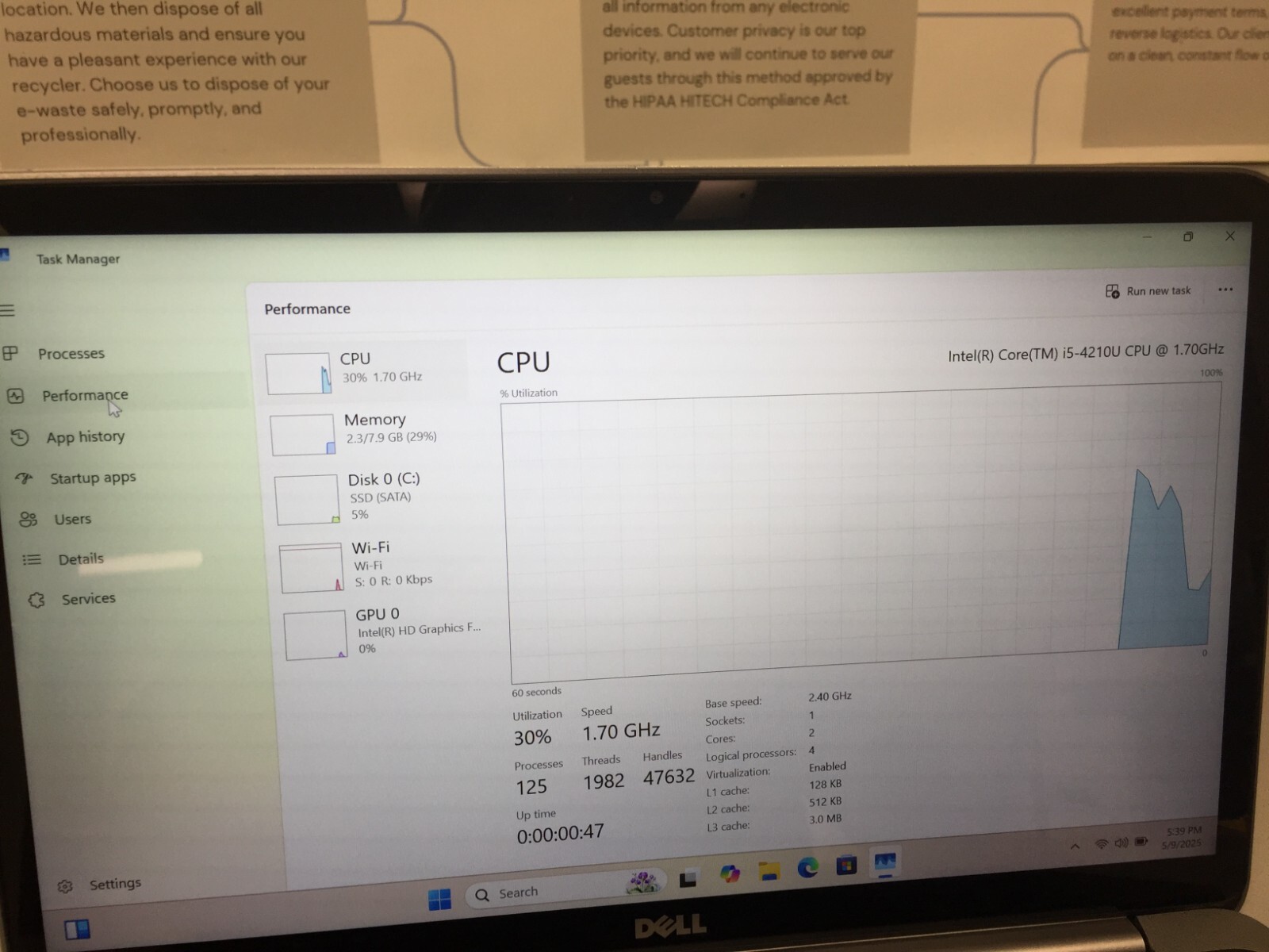 Dell XPS 13 9333 13.3” core i5 4th gen 1.70GHZ 8GB RAM 256GB SSD WIN 11 PRO