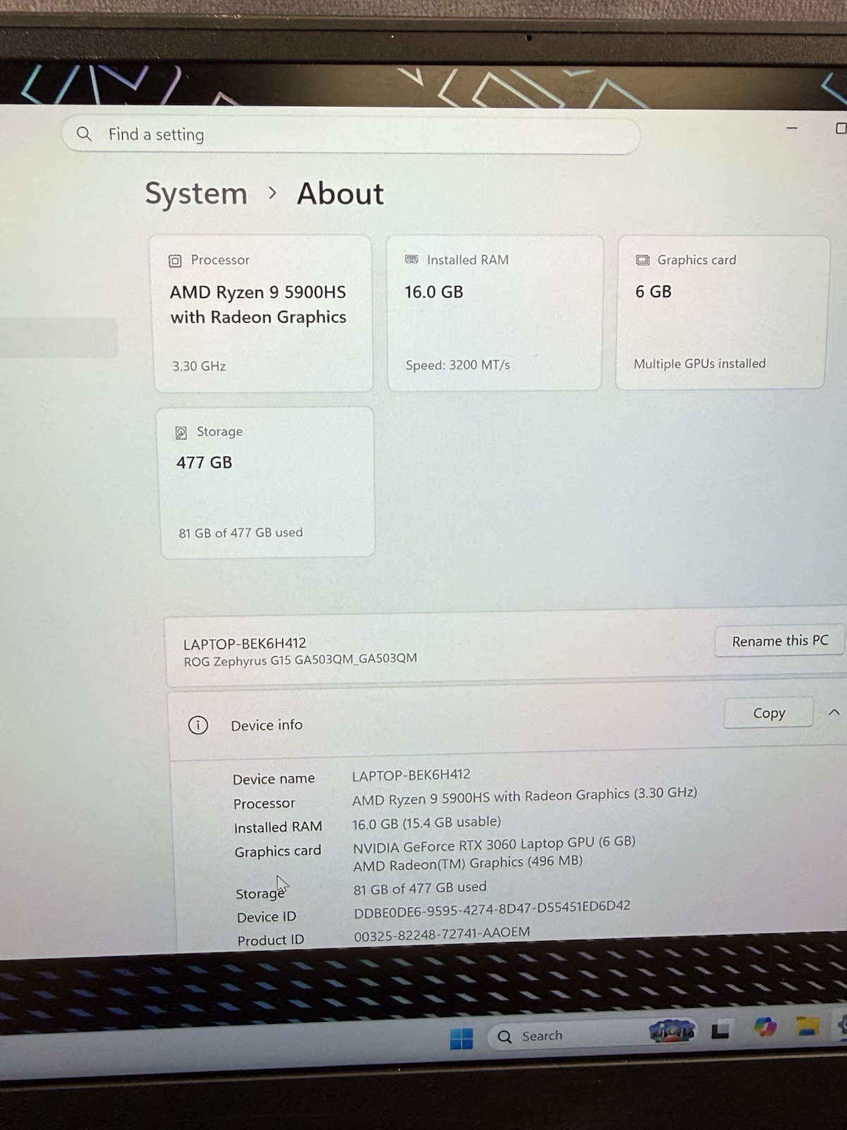 Asus ROG Zephyrus G15 GA503 Ryzen 9 5900HS 16GB RAM 512GB SSD GeForce RTX 3060