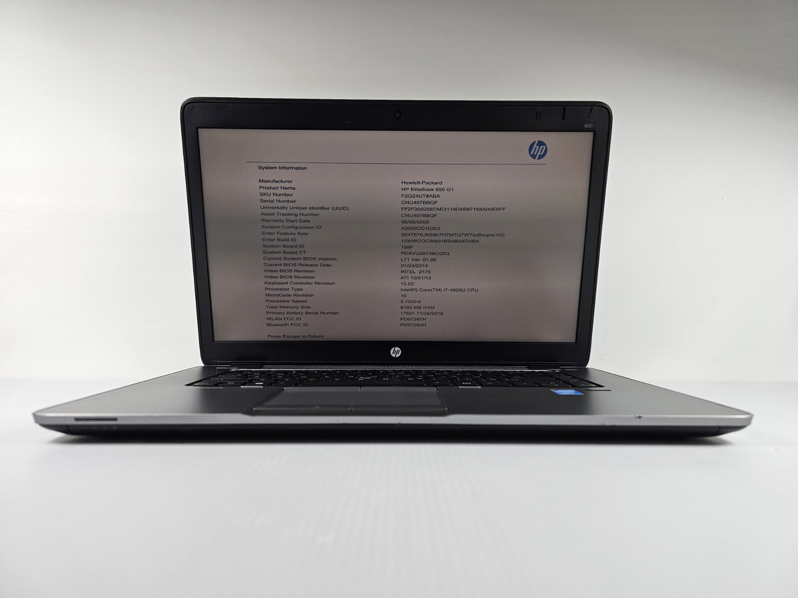 HP Elitebook 850 G1 Core i7 4600U 2.1GHz, 8GB RAM NO HDD Laptop