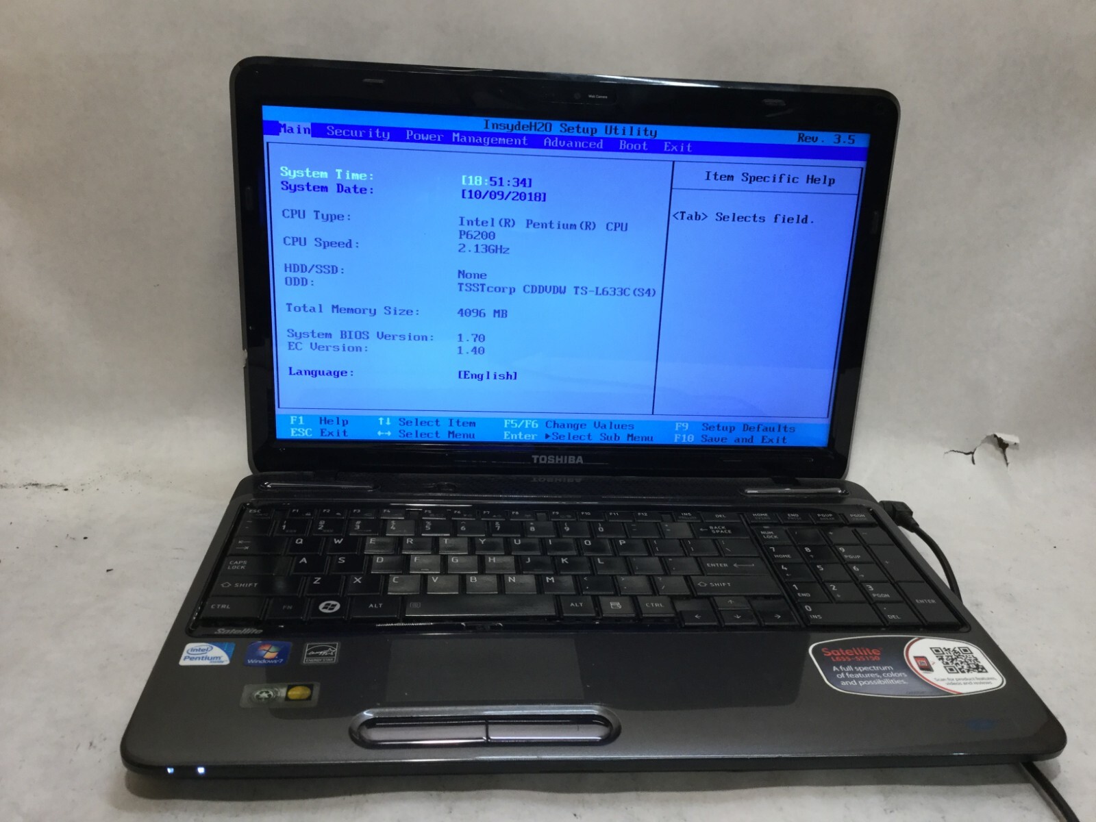 T. Satellite L655-S5150 / Intel Pentium P6200 @ 2.13GHz / (MISSING PARTS!) -MR