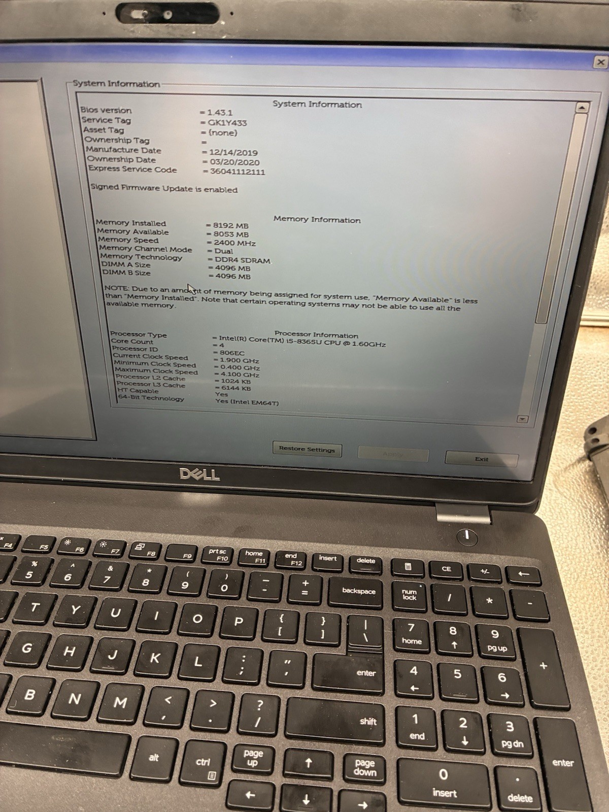 Dell Precision 3540 Touchscreen i5-8250U 1.60 GHz 8GB RAM 256GB SSD Windows 11