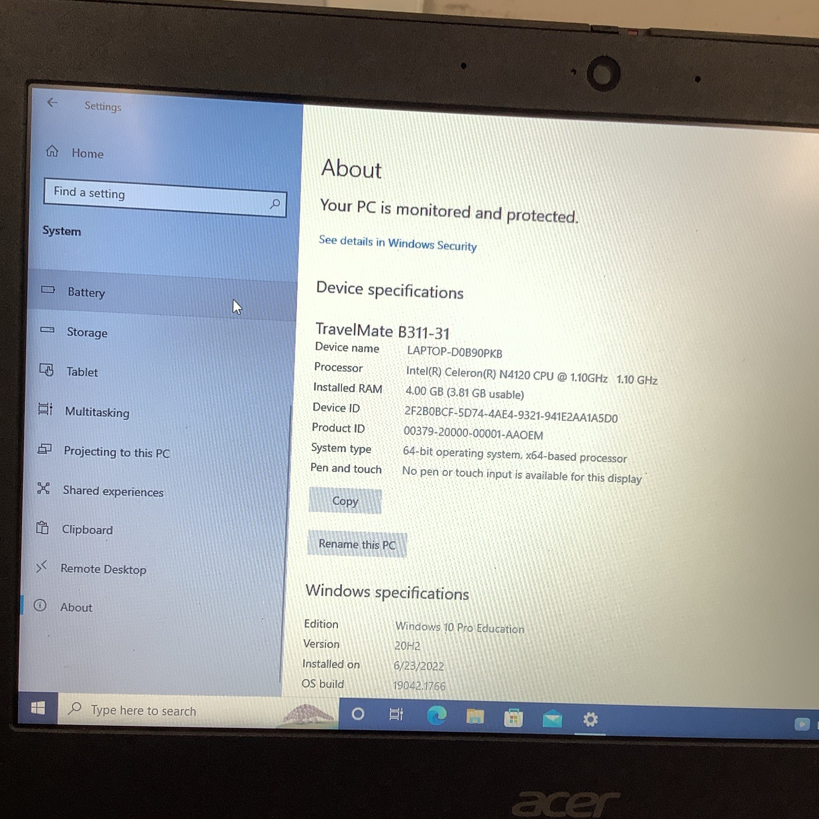 Acer TravelMate B311-31 11.6″ Celeron 1.1GHz/4GB/64GB N20H1 Windows 11 Pro