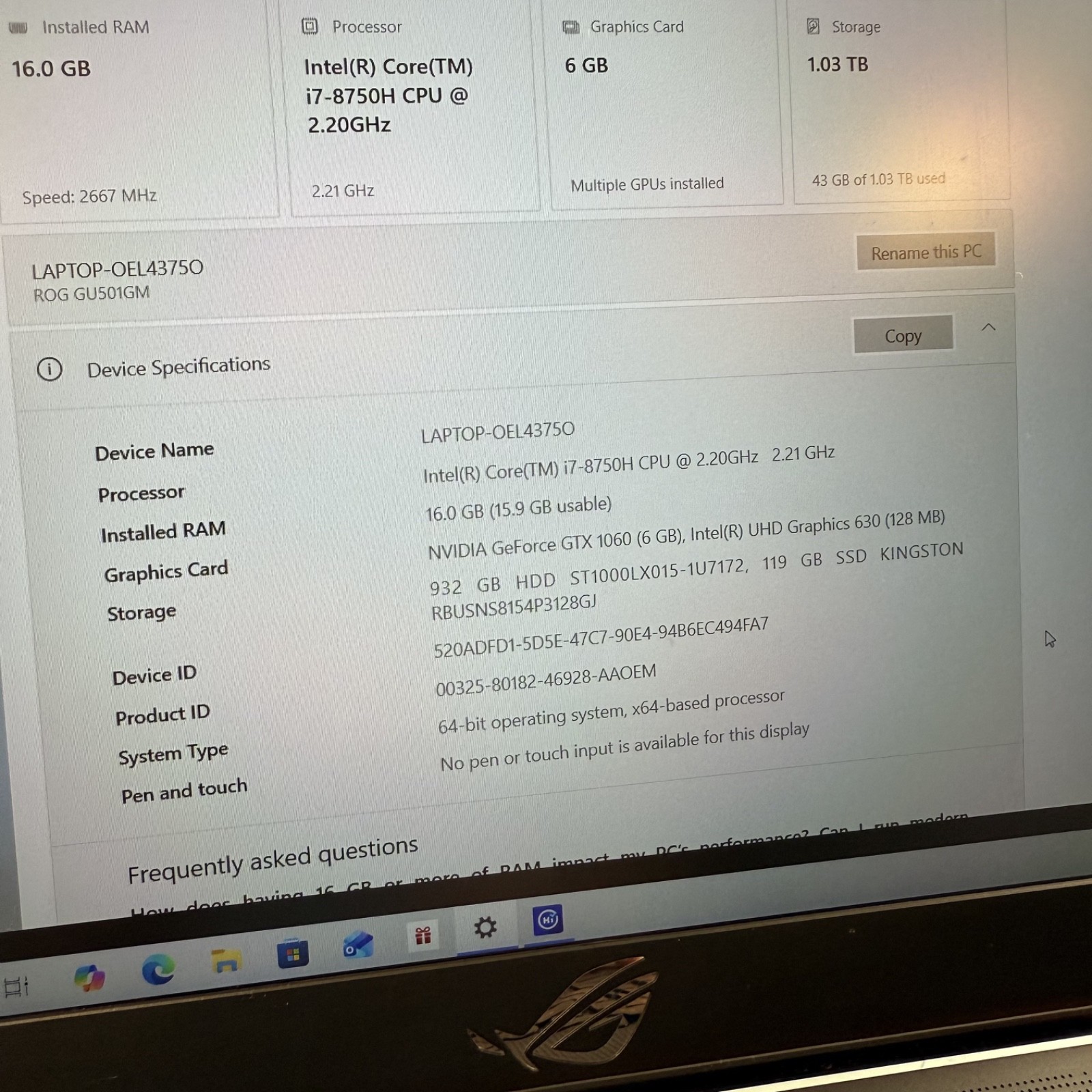Asus ROG Strix Hero II 15.6″ i7 2.2GHz 16GB 1 TB NVIDIA GeForce GTX 1060 #H855