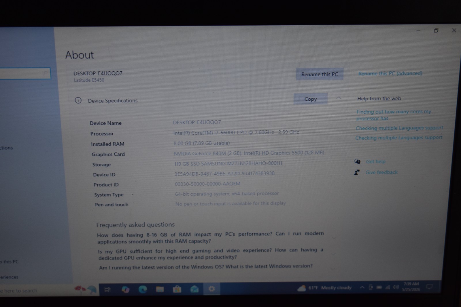 Dell Latitude E5450 Core i7-5600U 8GB 128GB SSD GeForce 830M Windows 10 Pro