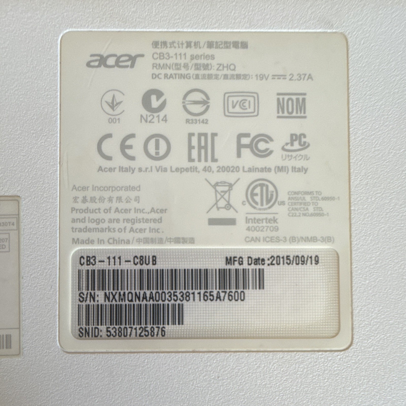 Acer Chromebook 11 CB3-111 11.6″ Chrome OS Intel HDMI Wi-Fi Bluetooth White