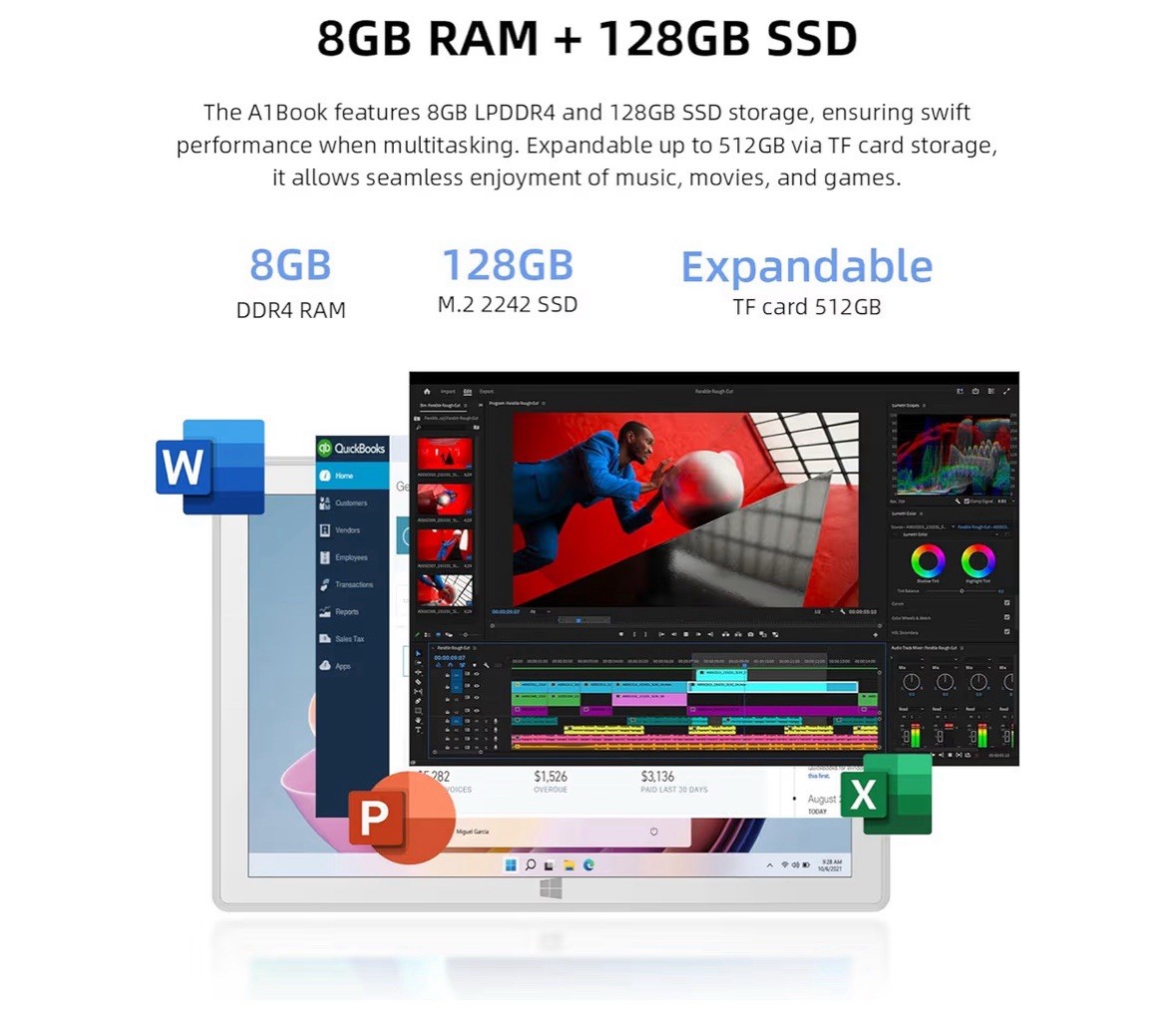 2-in-1 Detachable Touch Screen Laptop, 8GB DDR4 RAM, 128GB SSD, 10.1″ Tablet …