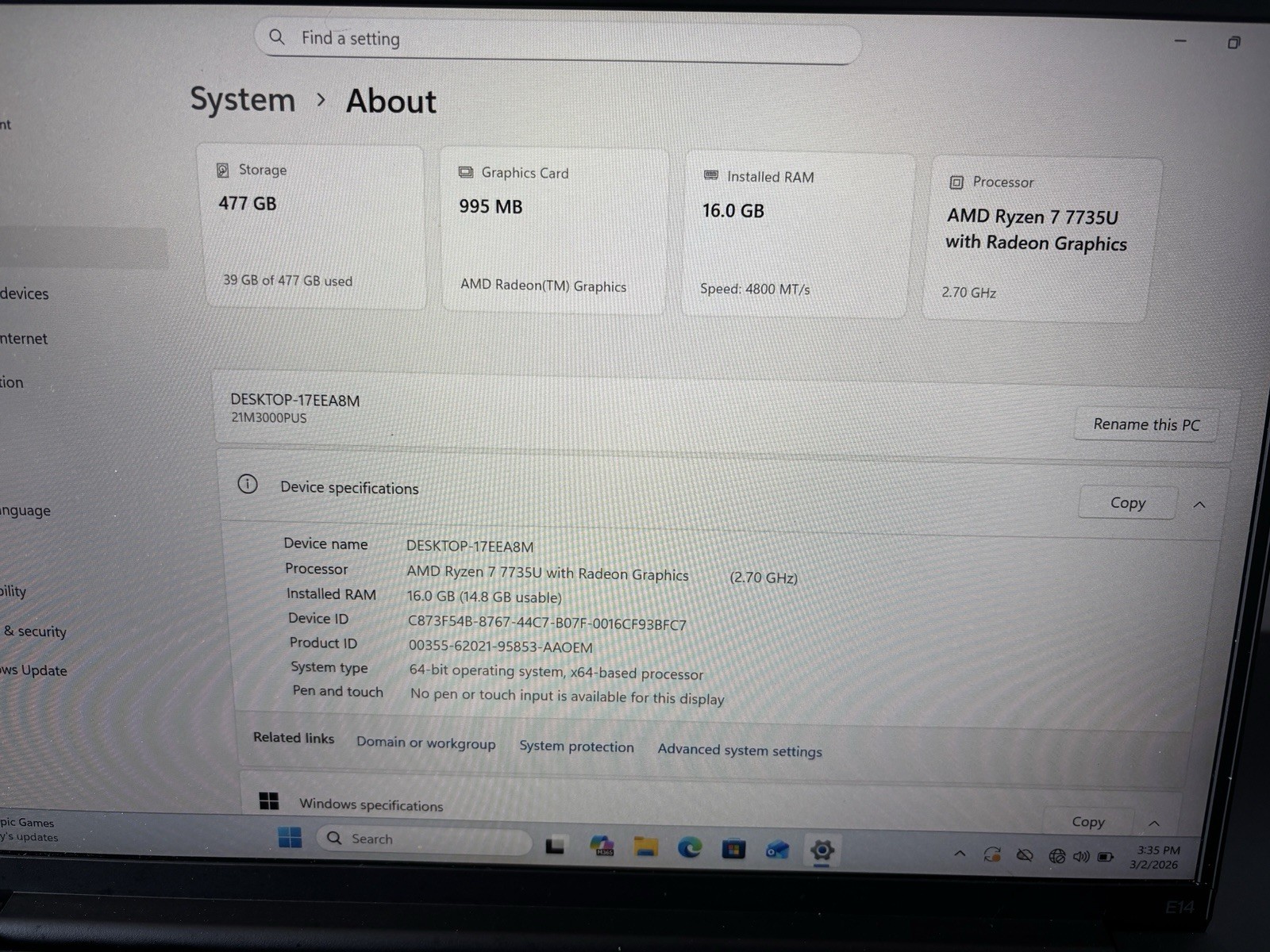 Lot Of 3 Lenovo ThinkPad E14 14″/ AMD Ryzen 7- 7735U/ 16 GB RAM /512 GB