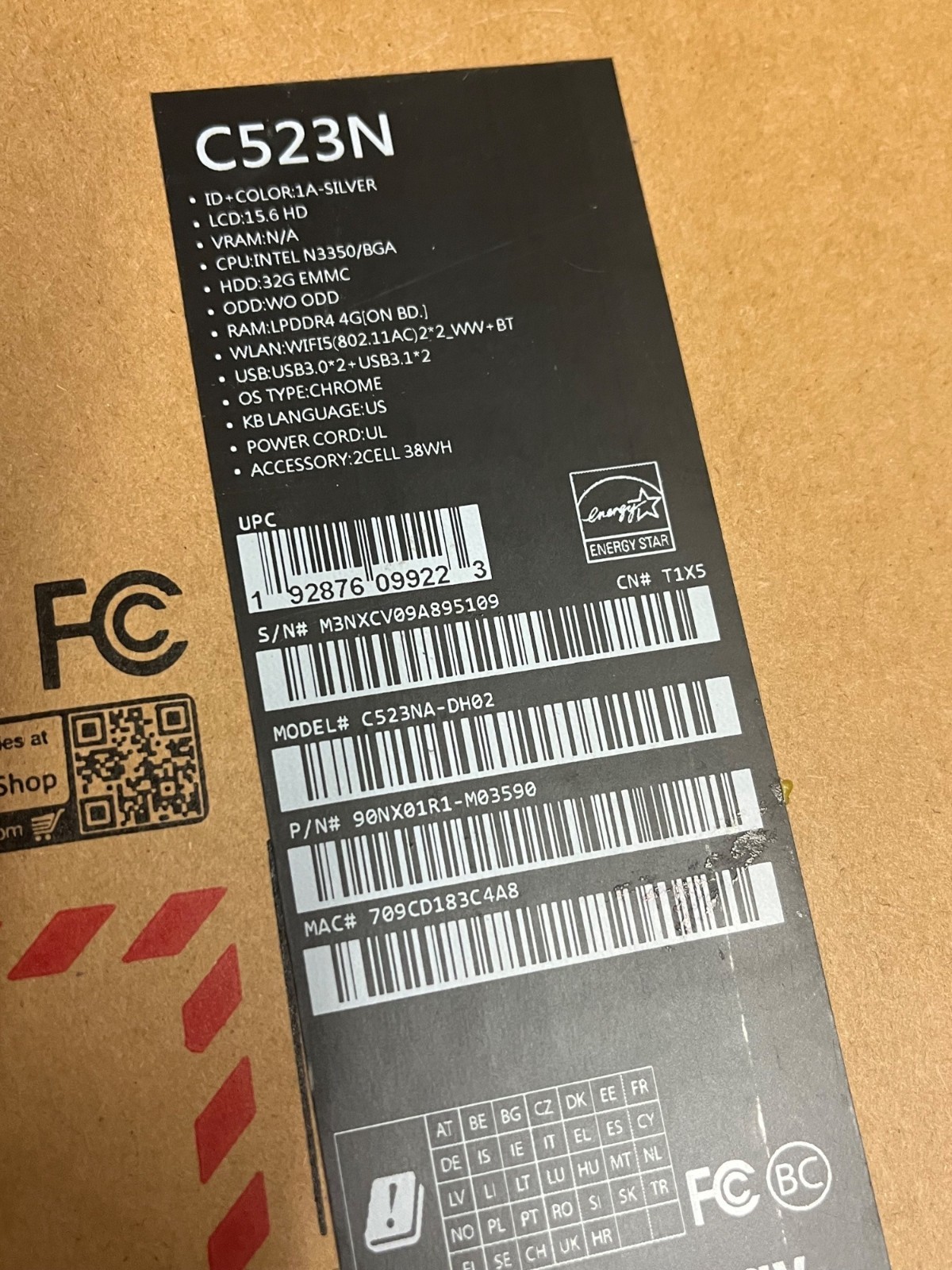 ASUS Chromebook C523NA-DH02 15.6″ Laptop Intel Celeron 4GB RAM New Sealed