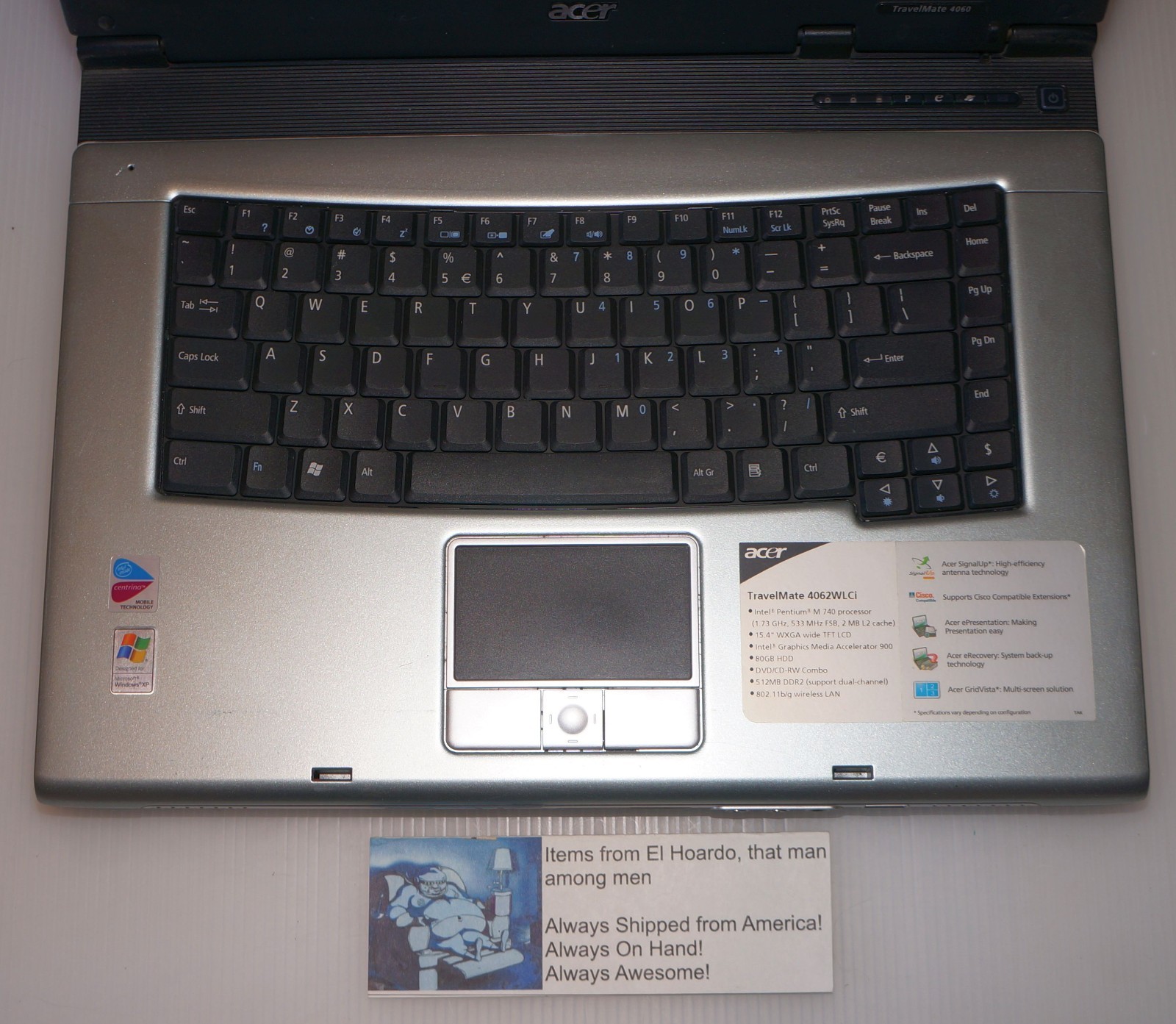 Acer Travelmate 4062 WLCi Laptop 1GB Ram 80GB HDD 1.73 Ghz Pentium M Win XP DVD