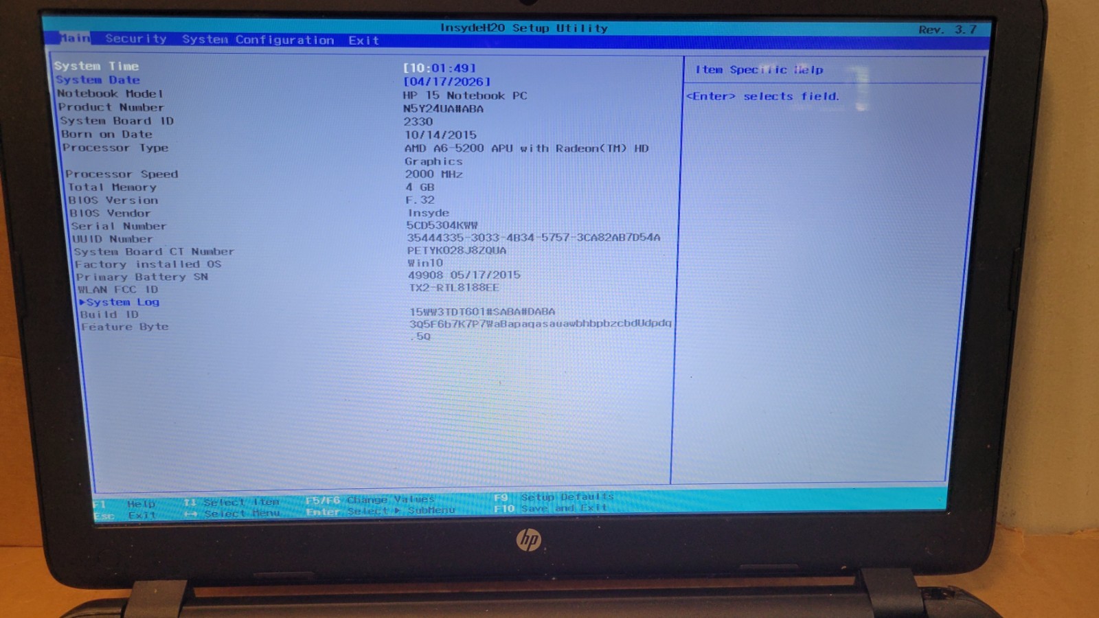 HP 15-F305DX AMD A6-5200 2000MHz 4 GB NO HDD / Charger –For Repair–