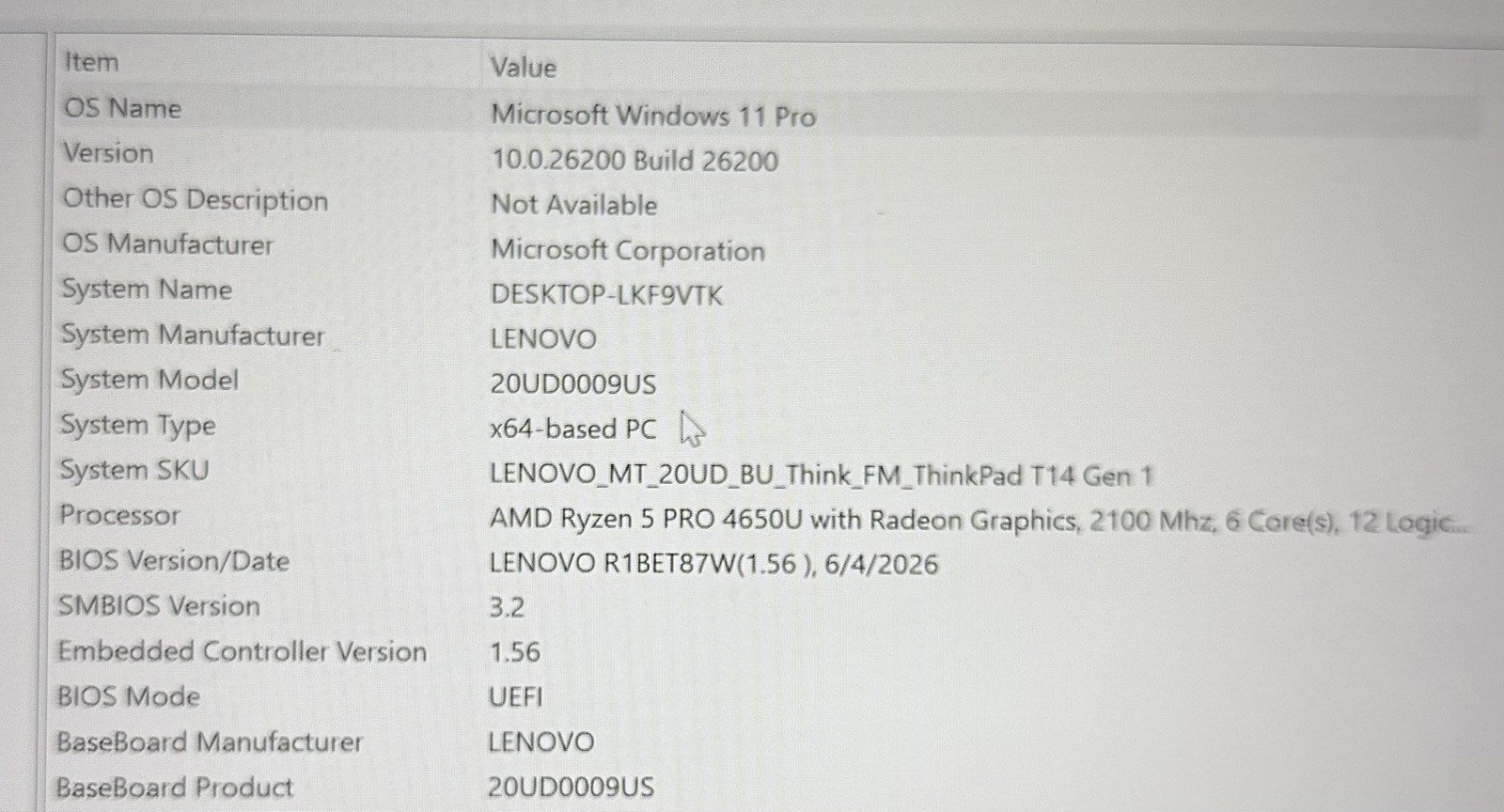 Len ThnkPad T14 Gen 1 AMD Ryzen 5 PRO 4650U 16GB 512GB SSD 14″ W11P cycle:136