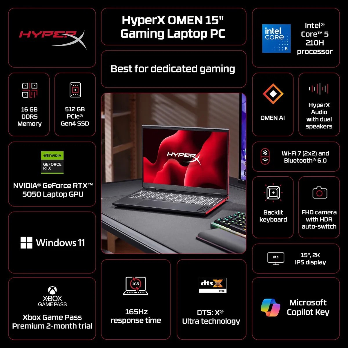 HP Hyper X Omen 15″ FHD Gaming Laptop Core 5-210H 16GB 512GB RTX 5050