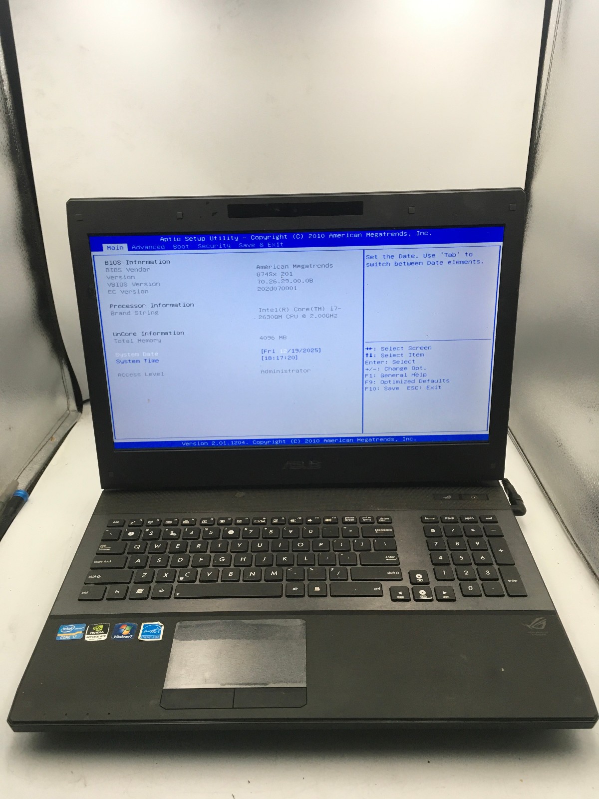 ASUS ROG G74S – BOOTS TO BIOS – INTEL I7 2630QM – NO RAM – 17″ – NO OS -READ- BB