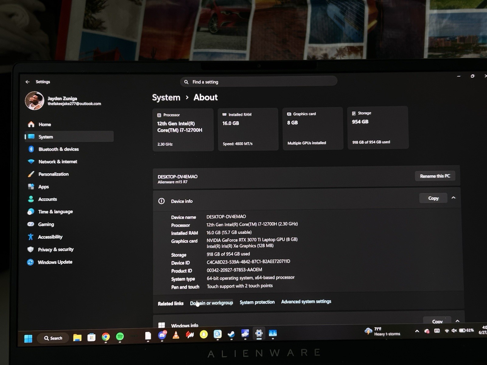 Alienware m15 R7 15″ i7-12700H 16GB 1TB NVMe RTX 3070 Ti 360Hz Win11