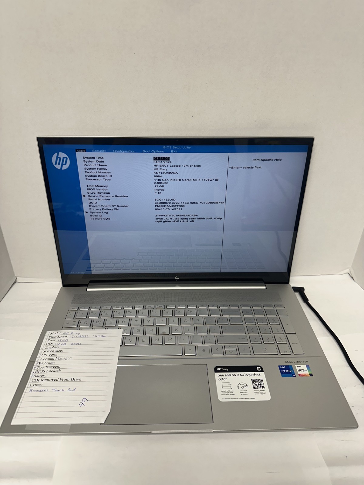 HP Envy i7-1195G7 12GB Ram 512NVME (No OS, or Charger)