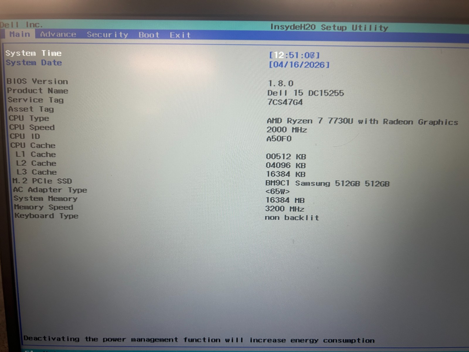 DELL 15 DC15255 G8MK9, AMD Ryzen 7 7730U, 2.00 GHz, 16 GB RAM, 512 GB NVMe SSD