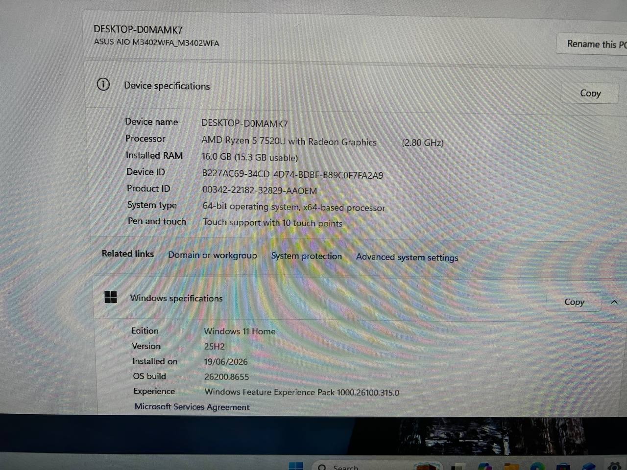 Asus All-in-one PC. Touchscreen. 23.8 inch. 16Gb ram. 500gb ssd. AMD Ryzen 5 752