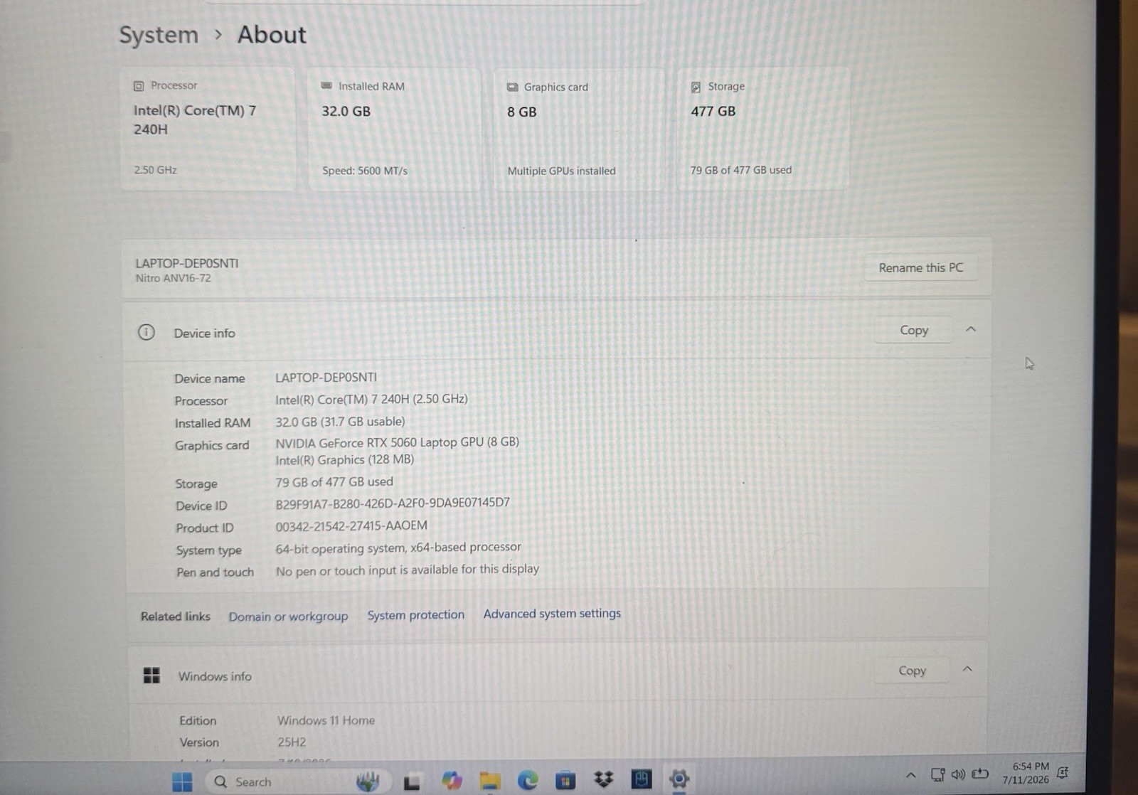Acer Nitro V16 RTX 5060 Core 7 240H 32GB DDR5 512GB SSD 180Hz Gaming