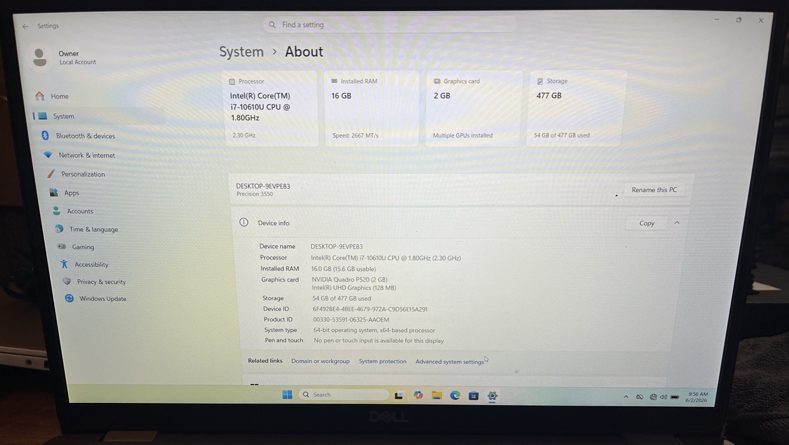Dell Precision 3550 15.6″ i7-10610U@1.8GHz, 16GB RAM, 512GB M2, W11P *READ