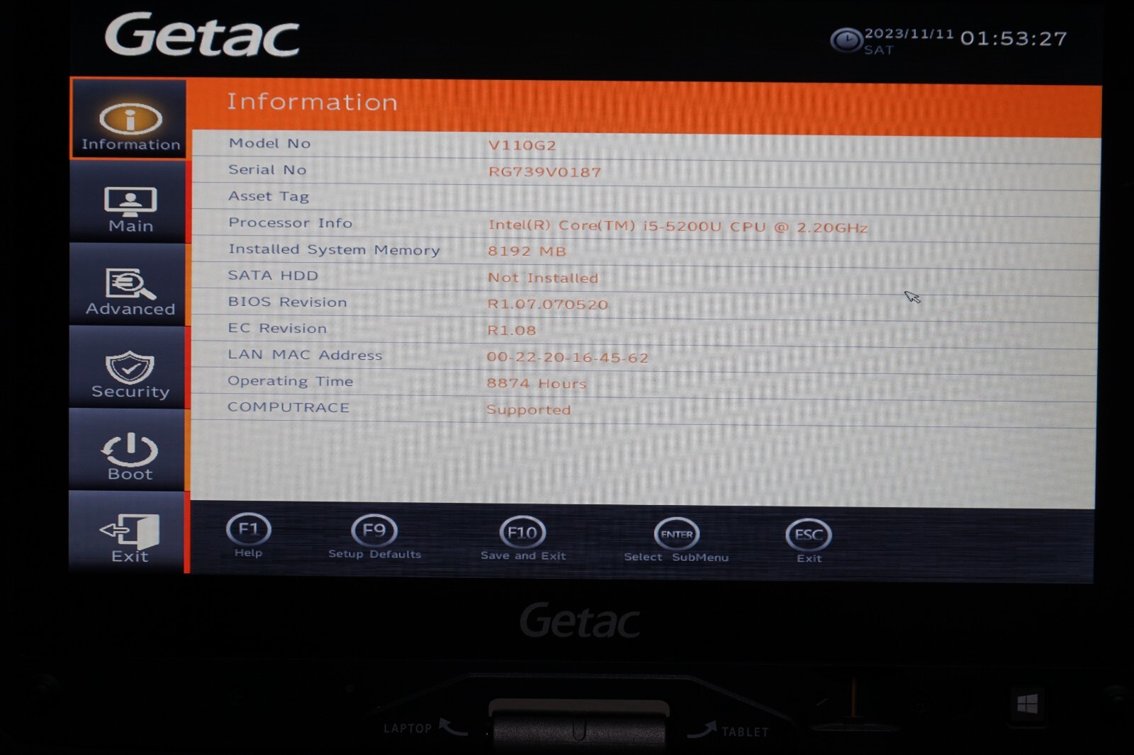 Getac V110 G2 Rugged ToughBook i5-5200U 2.20 GHz 8GB Ram No HD #W3898