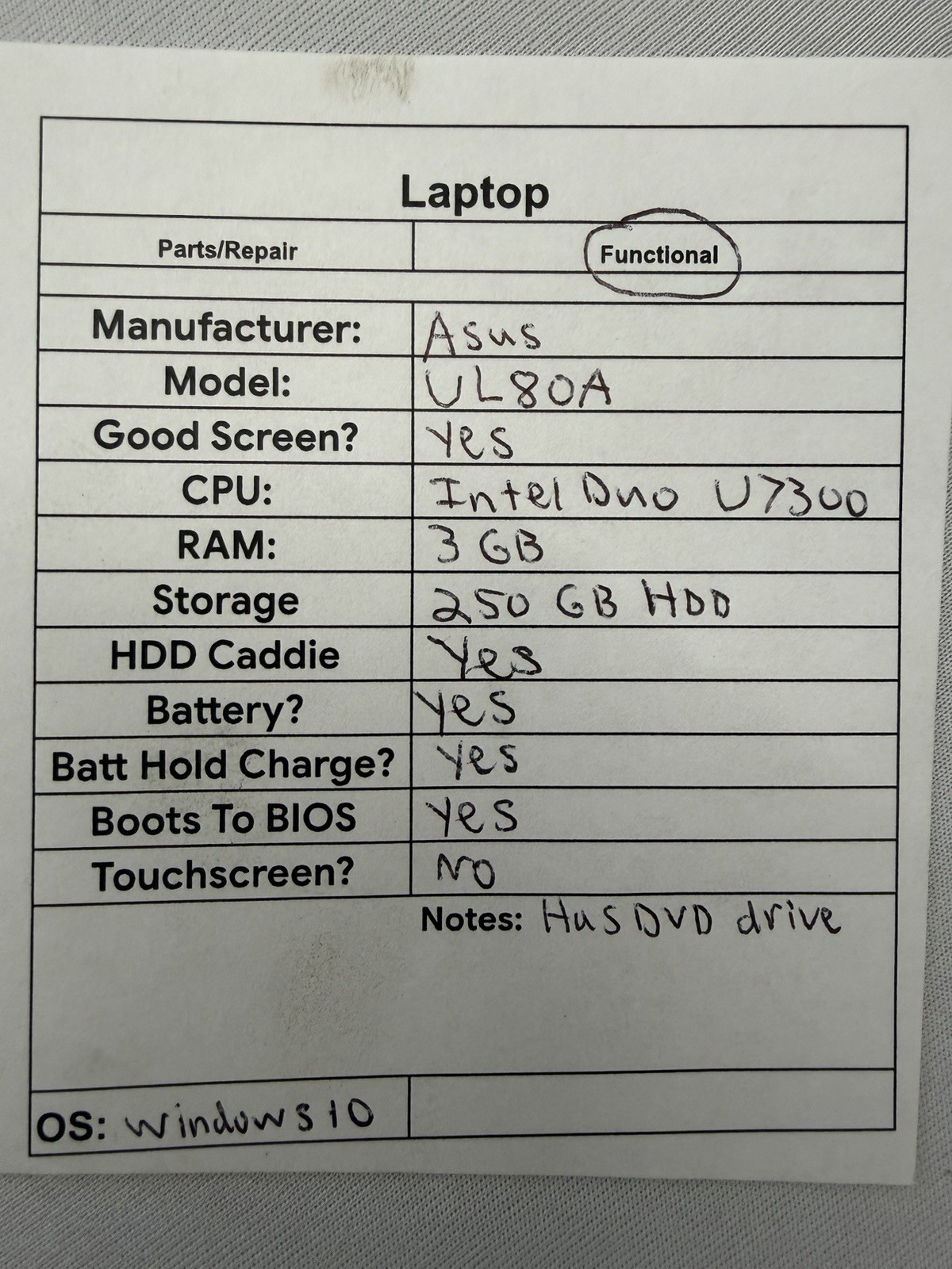 Asus UL80A Laptop – Good Screen – Intel Duo U7300 – Read Des