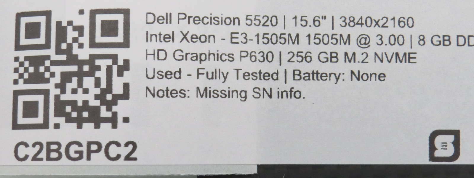 Dell Precision 5520 | E3-1505M@3GHz | 8GB/256GB | 15.6″ 4k Touch | No OS/AC/BATT