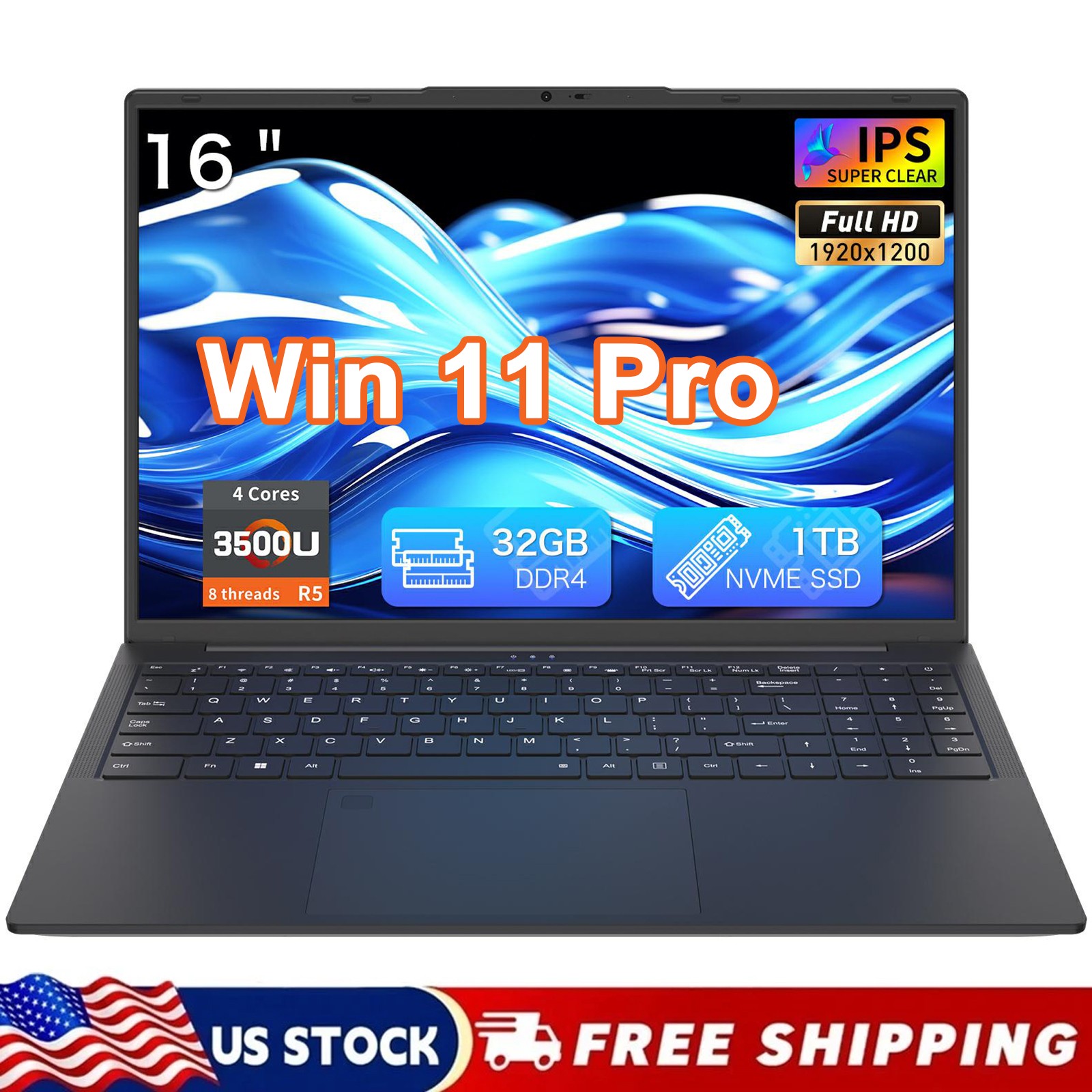 16″ Laptop R5 3500U 32GB RAM 1TB SSD Fingerprint Unlock Business Travel Notebook