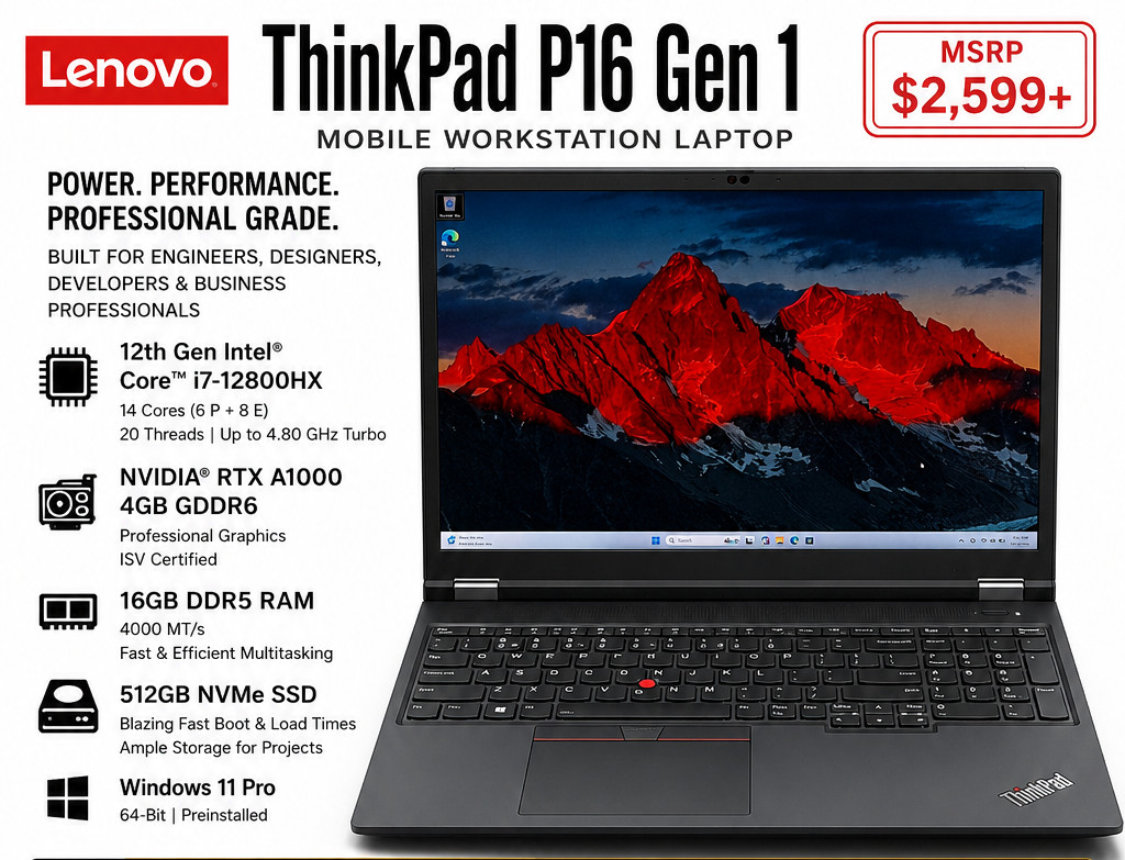 Lenovo ThinkPad P16 16″ Workstation I7-12800HX 4.8GHz NVIDIA RTX A1000 WARRANTY