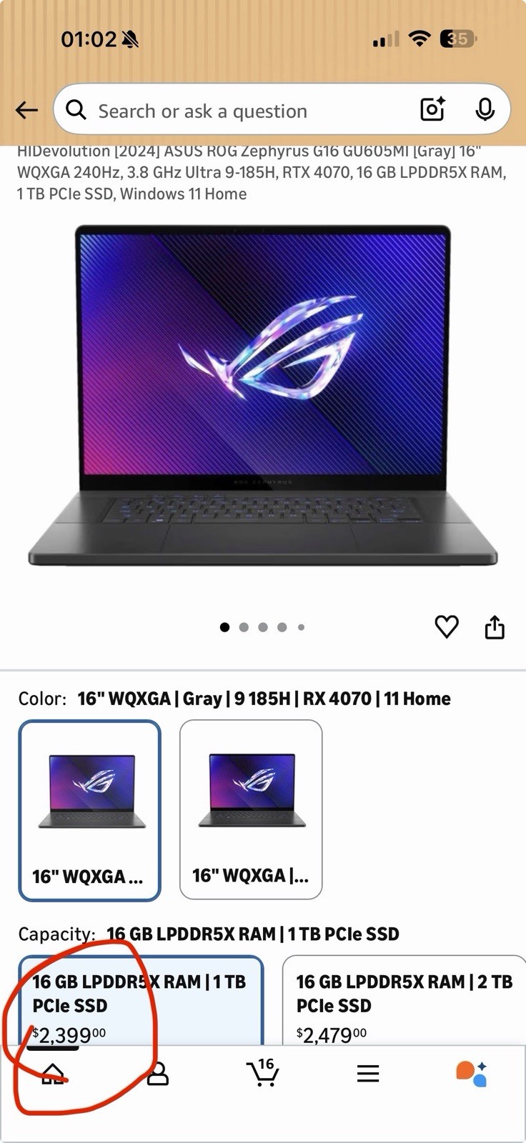 ASUS ROG Zephyrus G16 GU605MI Intel Ultra 9 RTX 4070 16GB 1TB SSD Gray