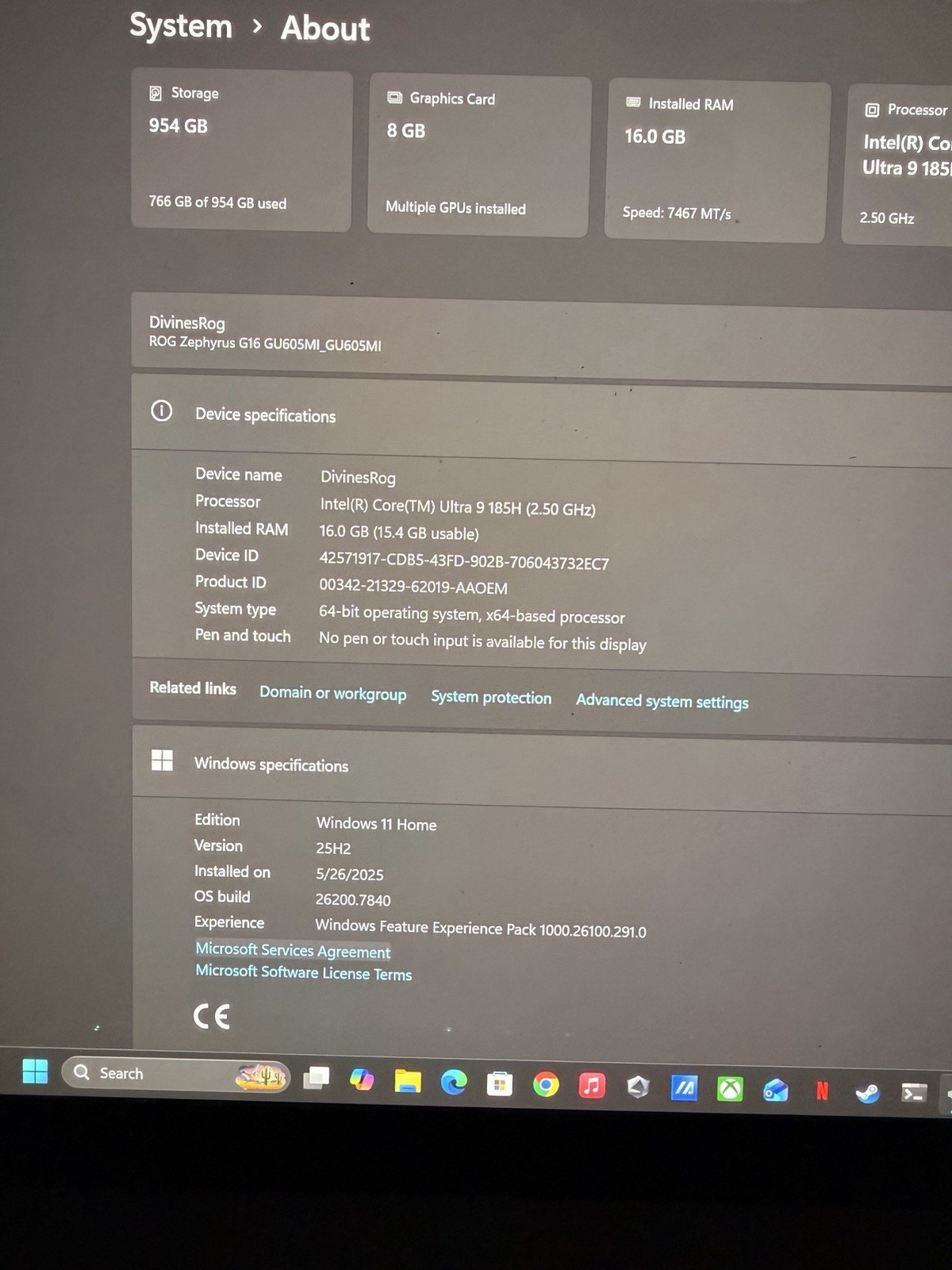 ASUS ROG Zephyrus G16 GU605MI Intel Ultra 9 RTX 4070 16GB 1TB SSD Gray