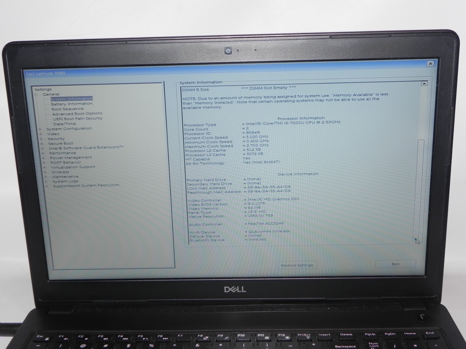 Dell Latitude 3580 15.6″ Intel i5-7200u 2.5GHz 4GB RAM -FOR PARTS OR REPAIR-