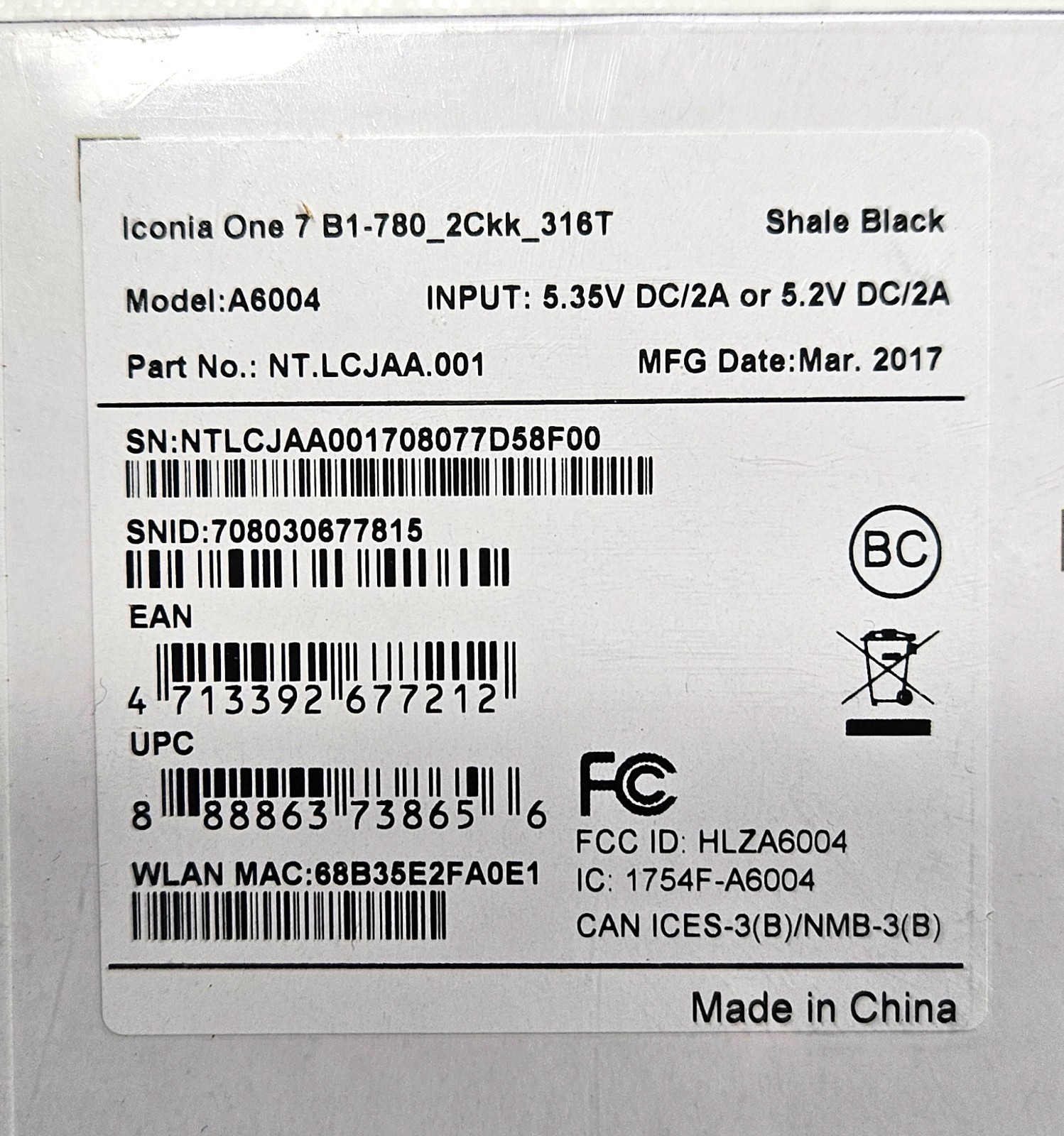 NEW Acer Iconia One 7 B1-780 16GB Tablet Shale Black Sealed Box