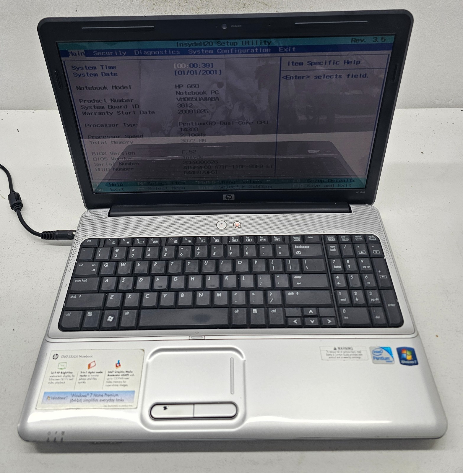 HP G60-535DX Laptop Intel Pentium Dual Core T4300 3GB Ram NO HD/OS/BATT (FL)