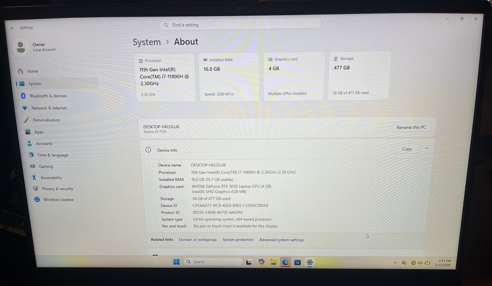 Dell Vostro 15 7510 15.6″ i7-11800H@2.3GHz, 16GB RAM, 512GB M2, W11P *READ