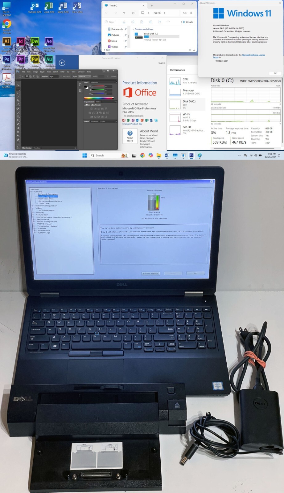 DELL Latitude E5570 15.6” i5 16GB 512GB W11 Adobe CS 6.0 Office VISIO 2016 Dock