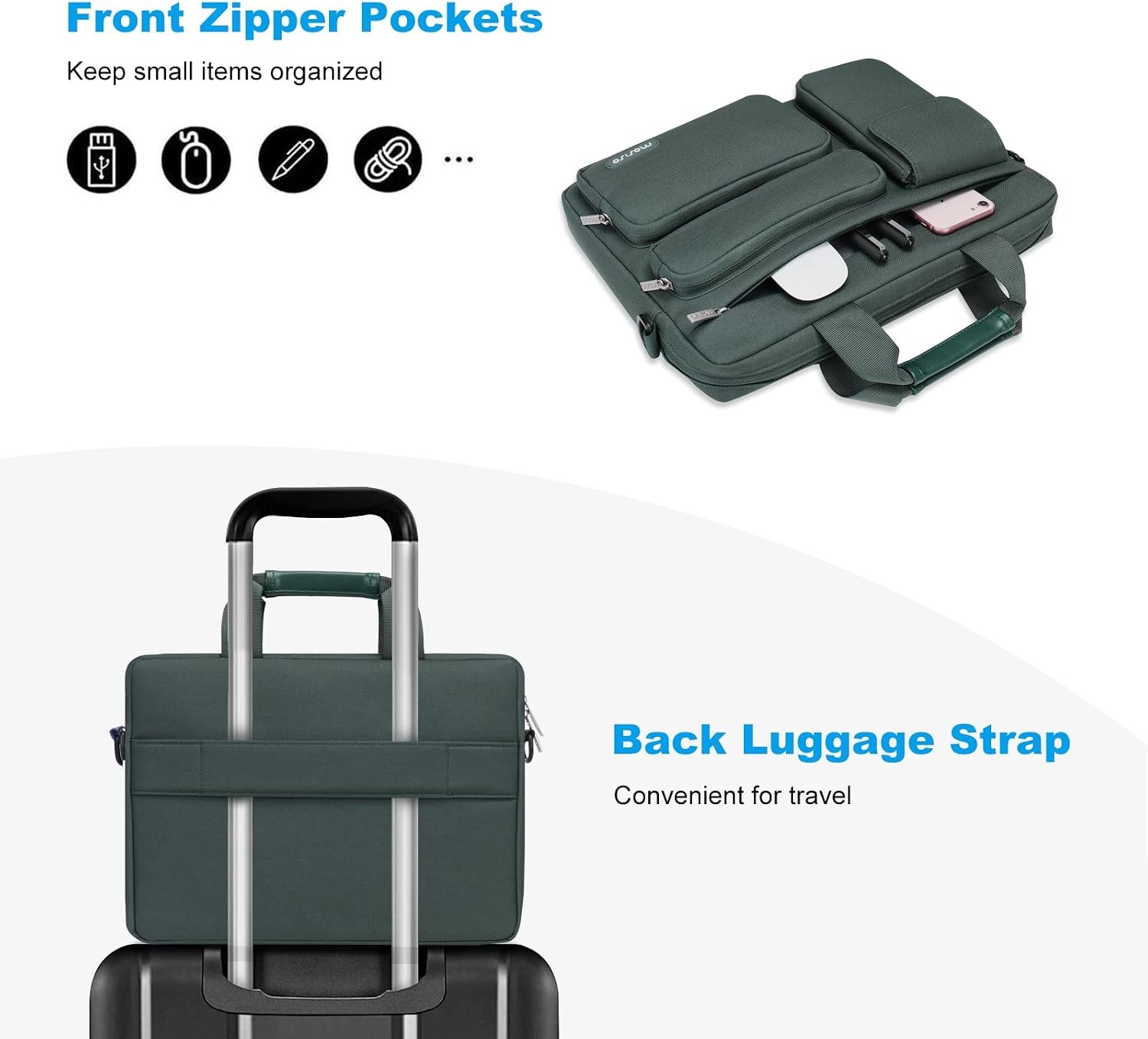 Sleeve for 15-15.6 inch Laptop with 2 Raised Pockets and Handle, Emerald Green
