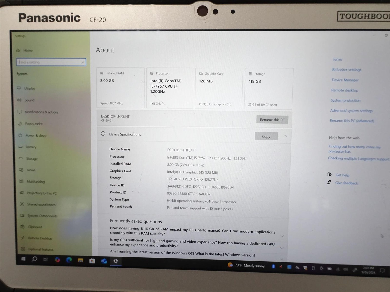 Panasonic ToughBook CF-20 Core i5-7Y57 1.20GHz 8GB 128GB Win 10 Pro
