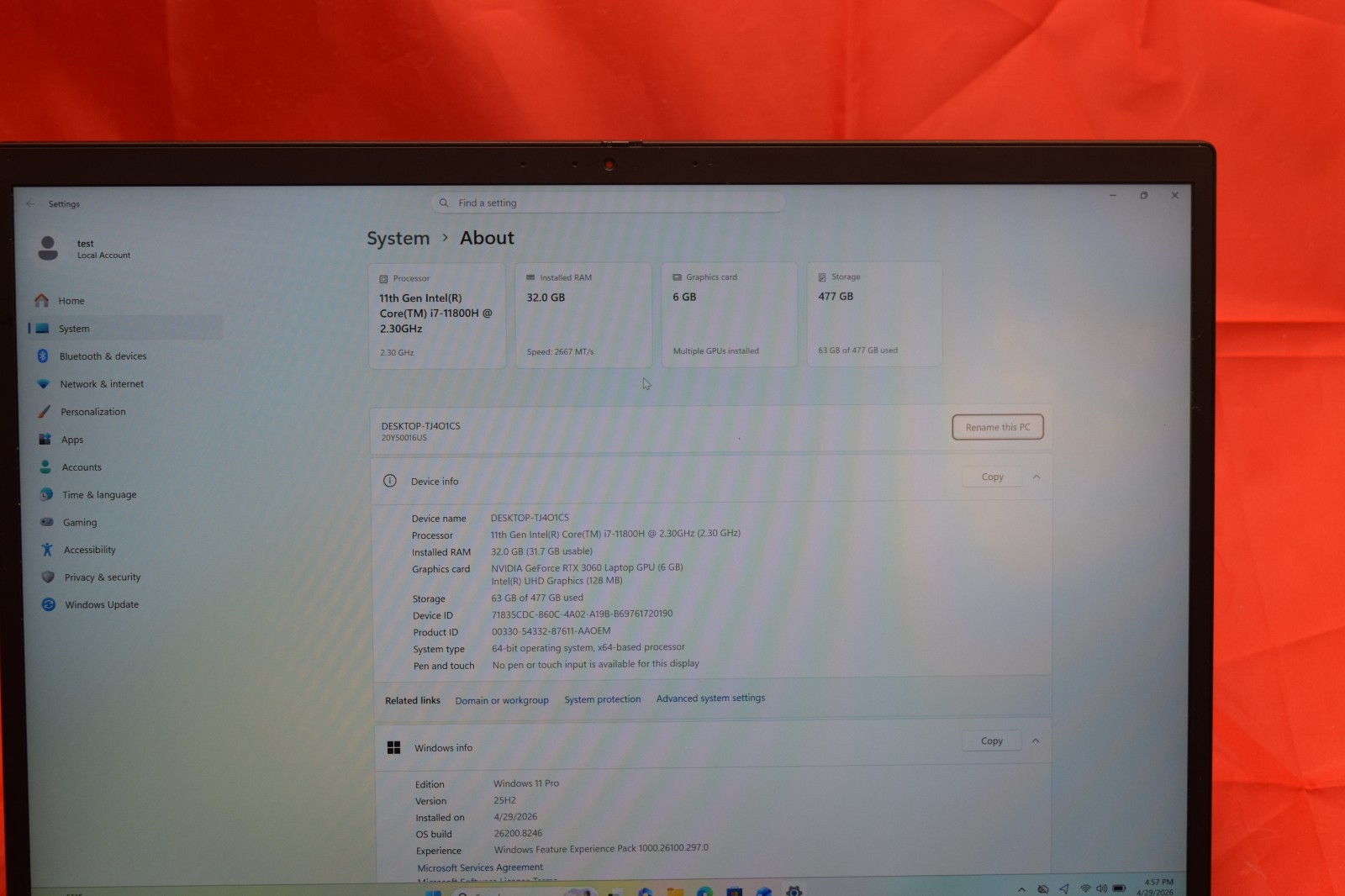 Lenovo ThinkPad X1 Extreme Gen 4 16 UHD+ i7-11800H 2.30GHz 32GB 512GB RTX 3060